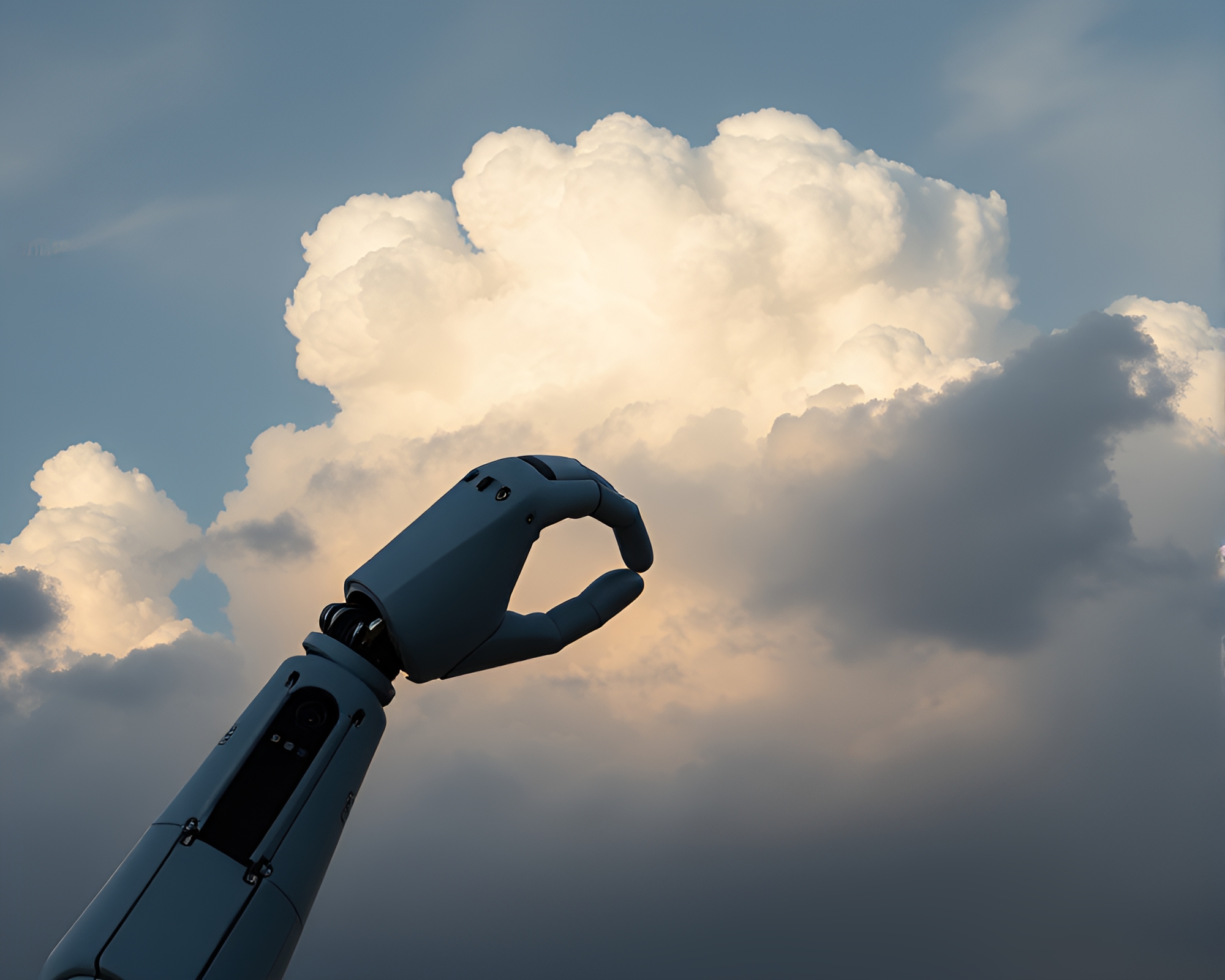 Futuristic Robotic Arm Reaching through Muted Cloud Formations – free AI stock image