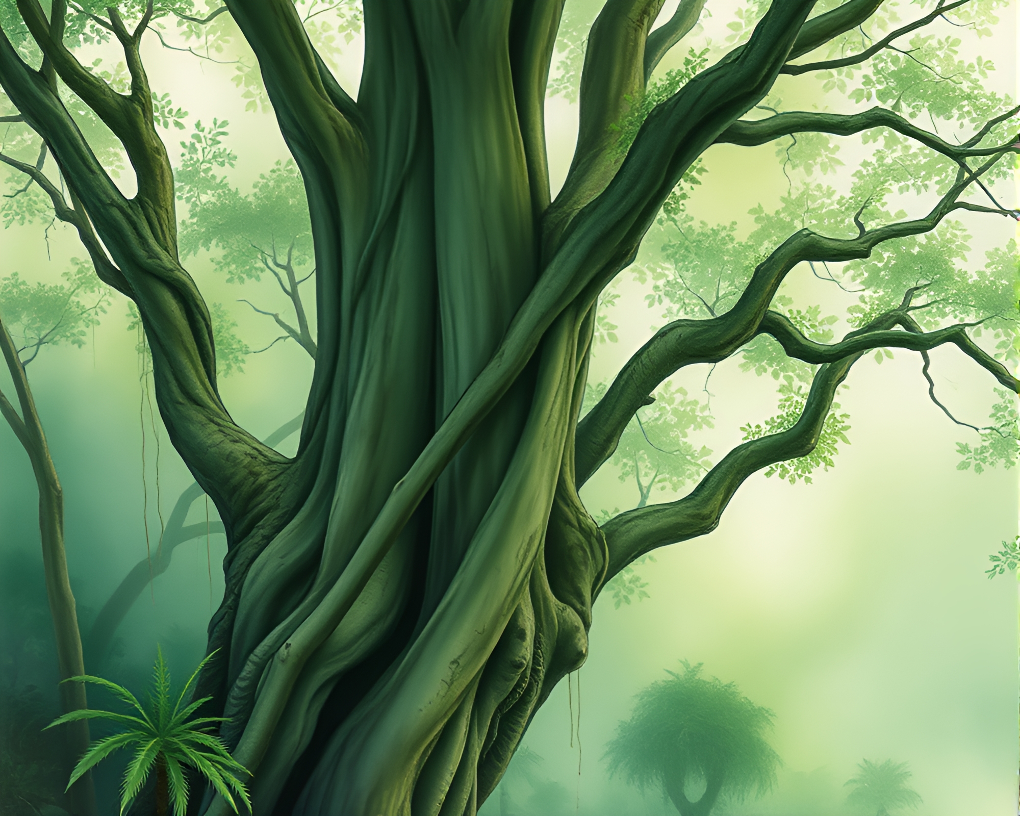 Ancient Tree in Green Haze Watercolor Painting – free AI stock image
