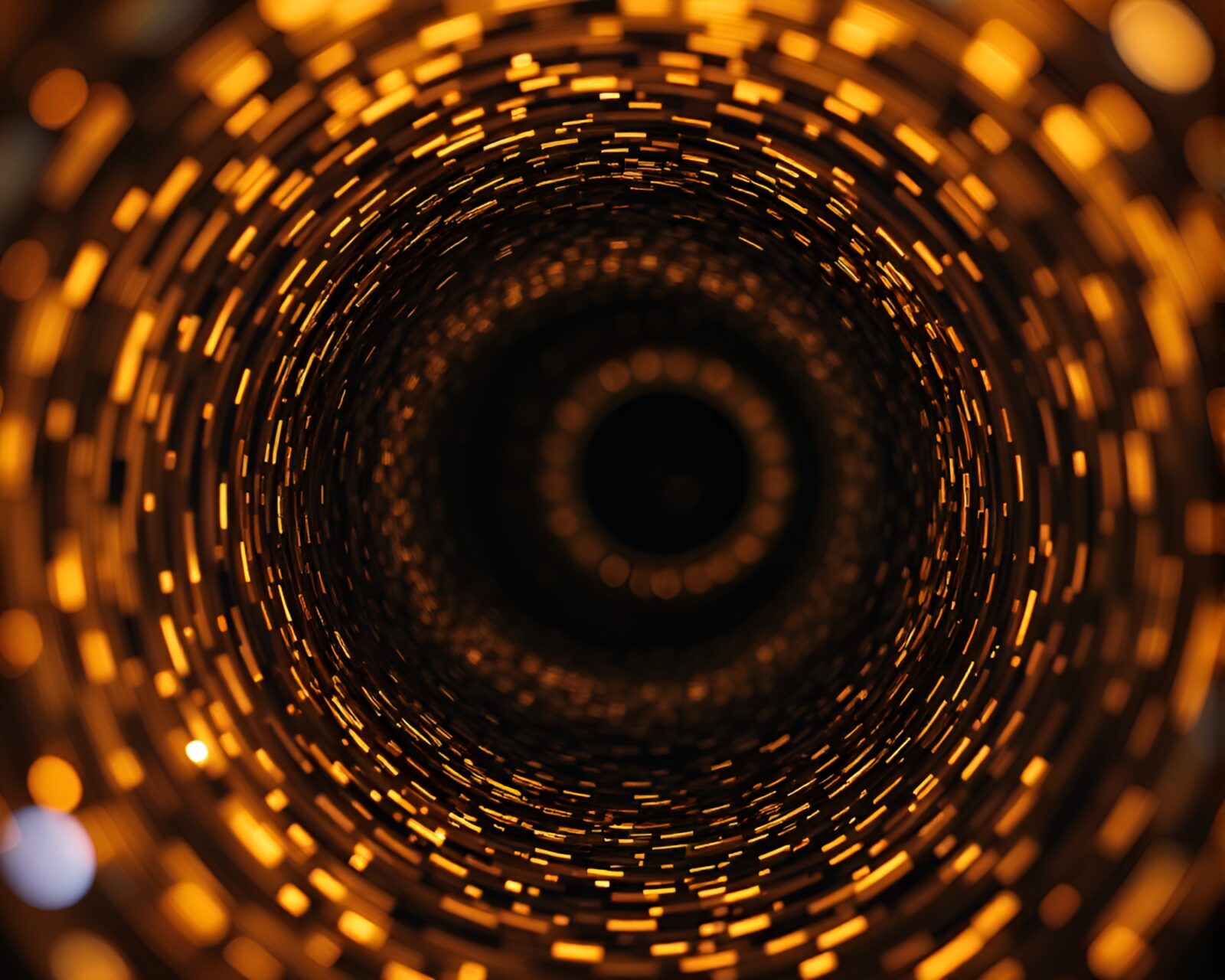 Cinemagraph of a wormhole vortex glowing in colorful bokeh lights