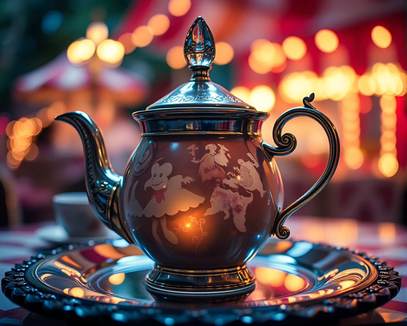 Alice in Wonderland themed tea set with carnival lighting