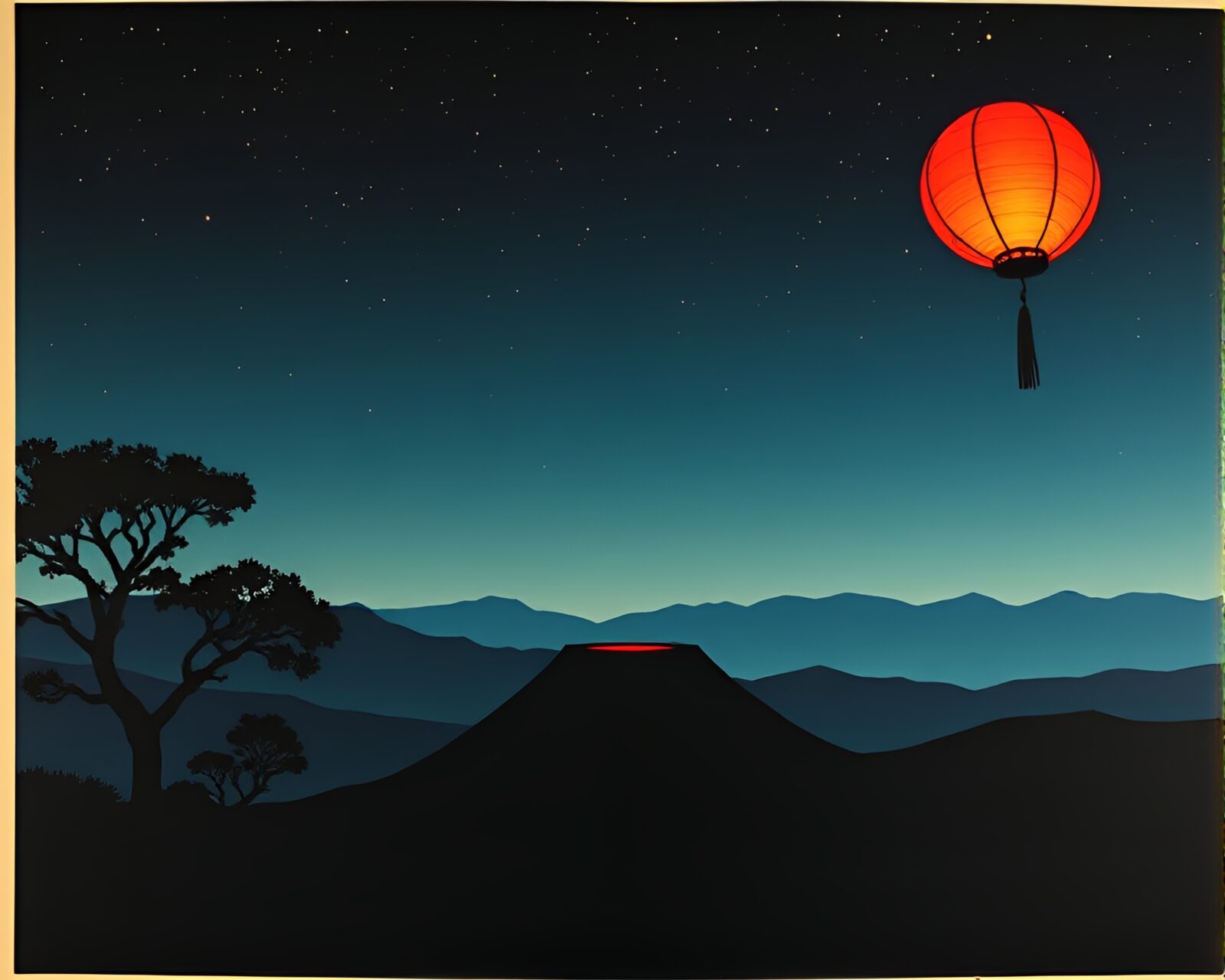 Lithographic image of glowing paper lantern reflected in silhouette