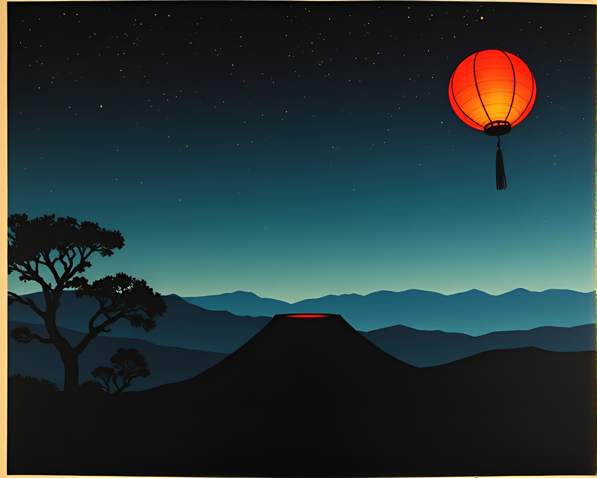 Paper Lantern Reflection Silhouette in Volcano-Red Glow – free AI stock image