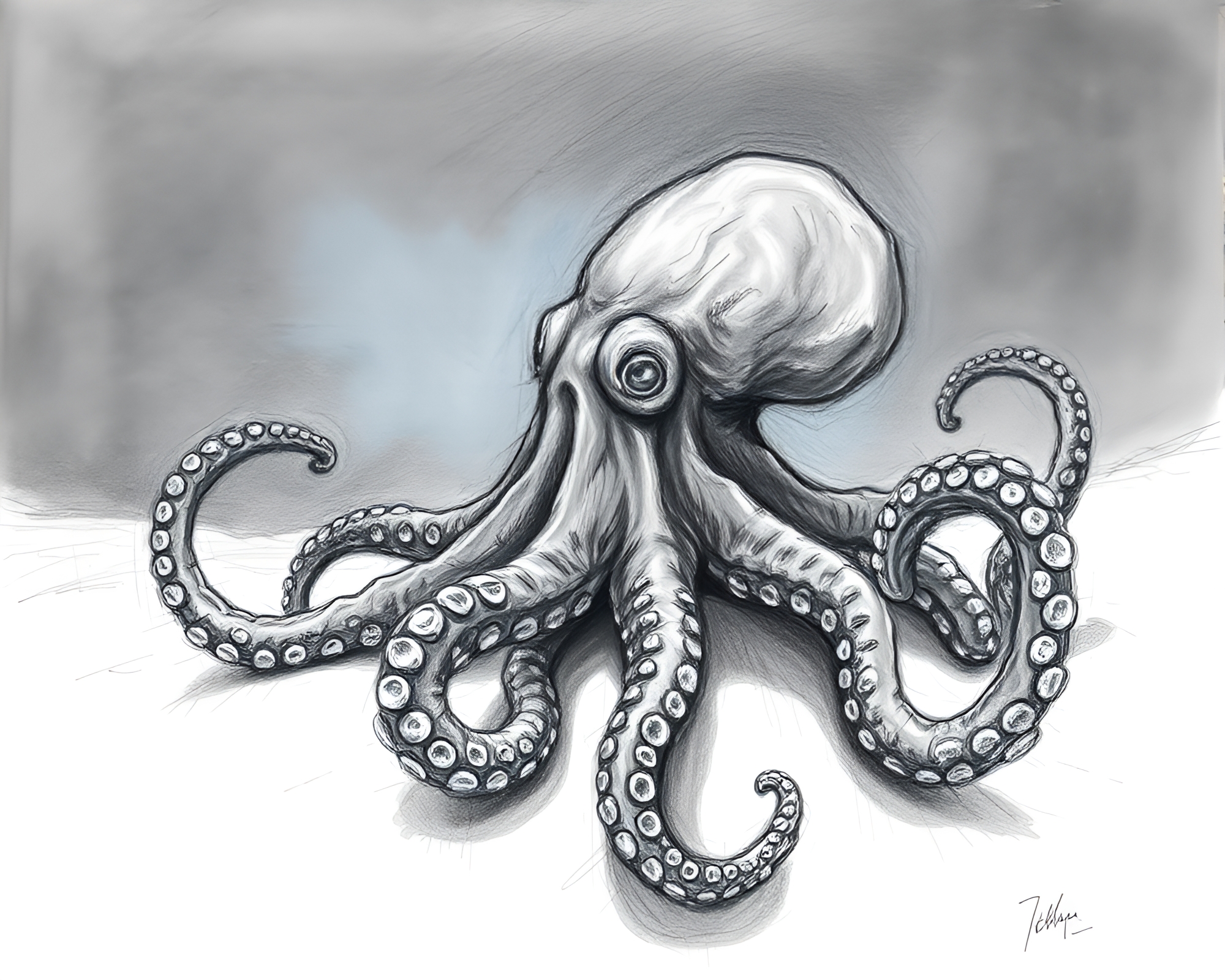 Twilight Octopus in Metallic Scratch Pencil Sketch – free AI stock image