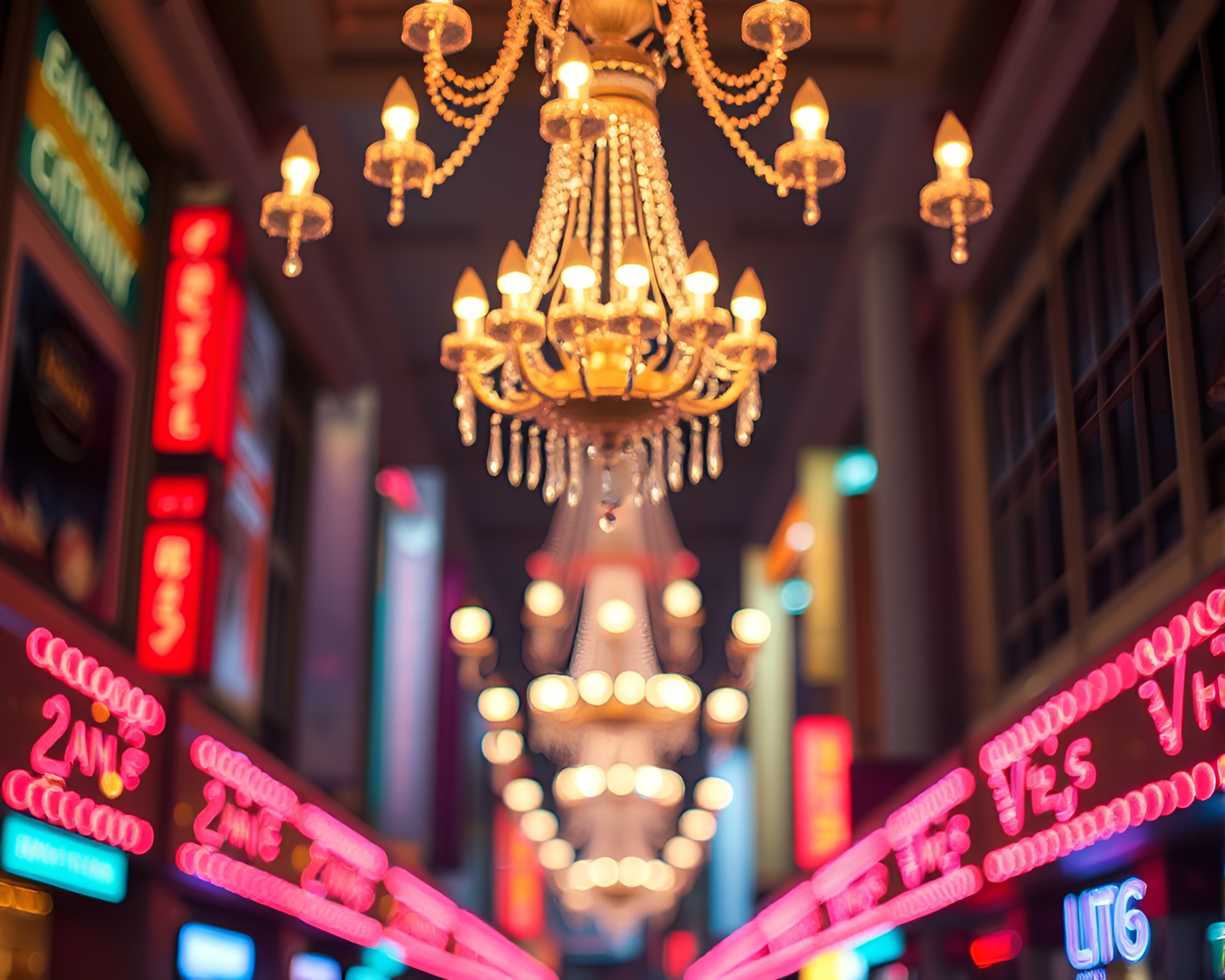 Ethereal Neon City Chandelier Illumination – free AI stock image
