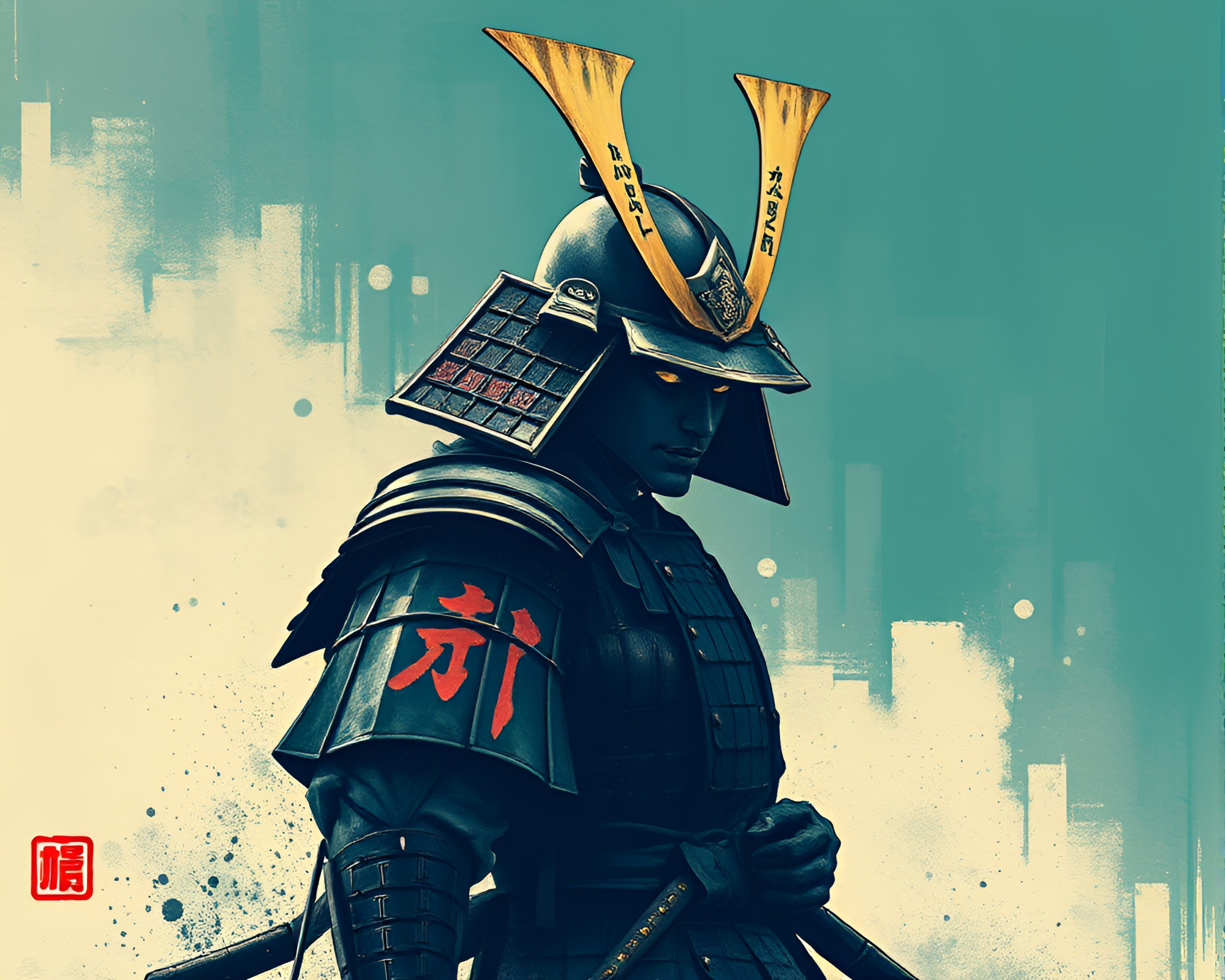 Samurai Warrior Mural: Urban Street Art Fashion Illustration – free AI stock image