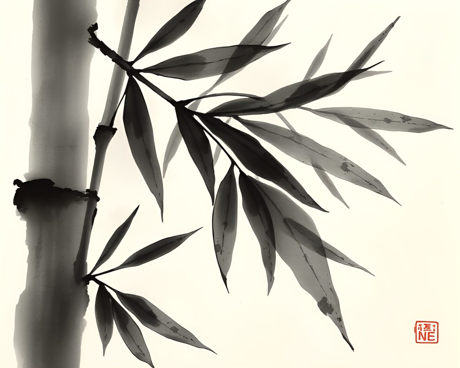 Sumi-e styled image of bamboo flute musician surrounded by intricate leaf veins