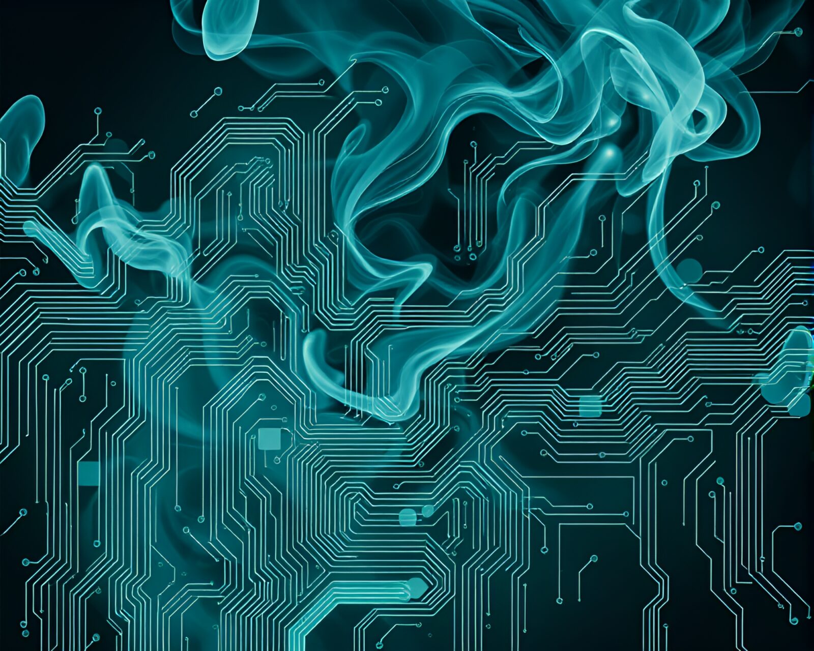 Abstract etched teal circuit board with swirling smoke plumes