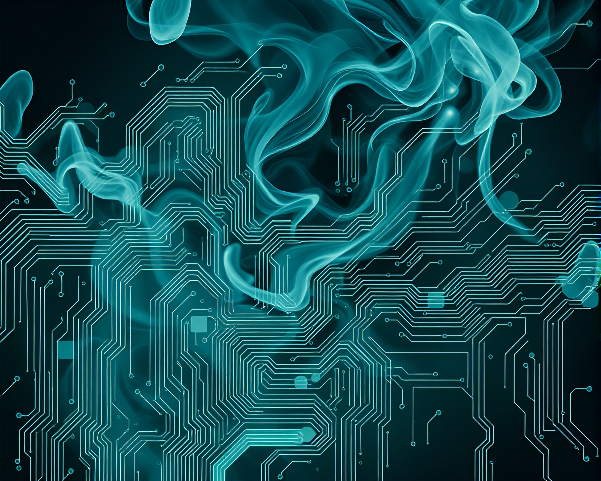Teal Circuit Board Smoke Plume Swirls – free AI stock image
