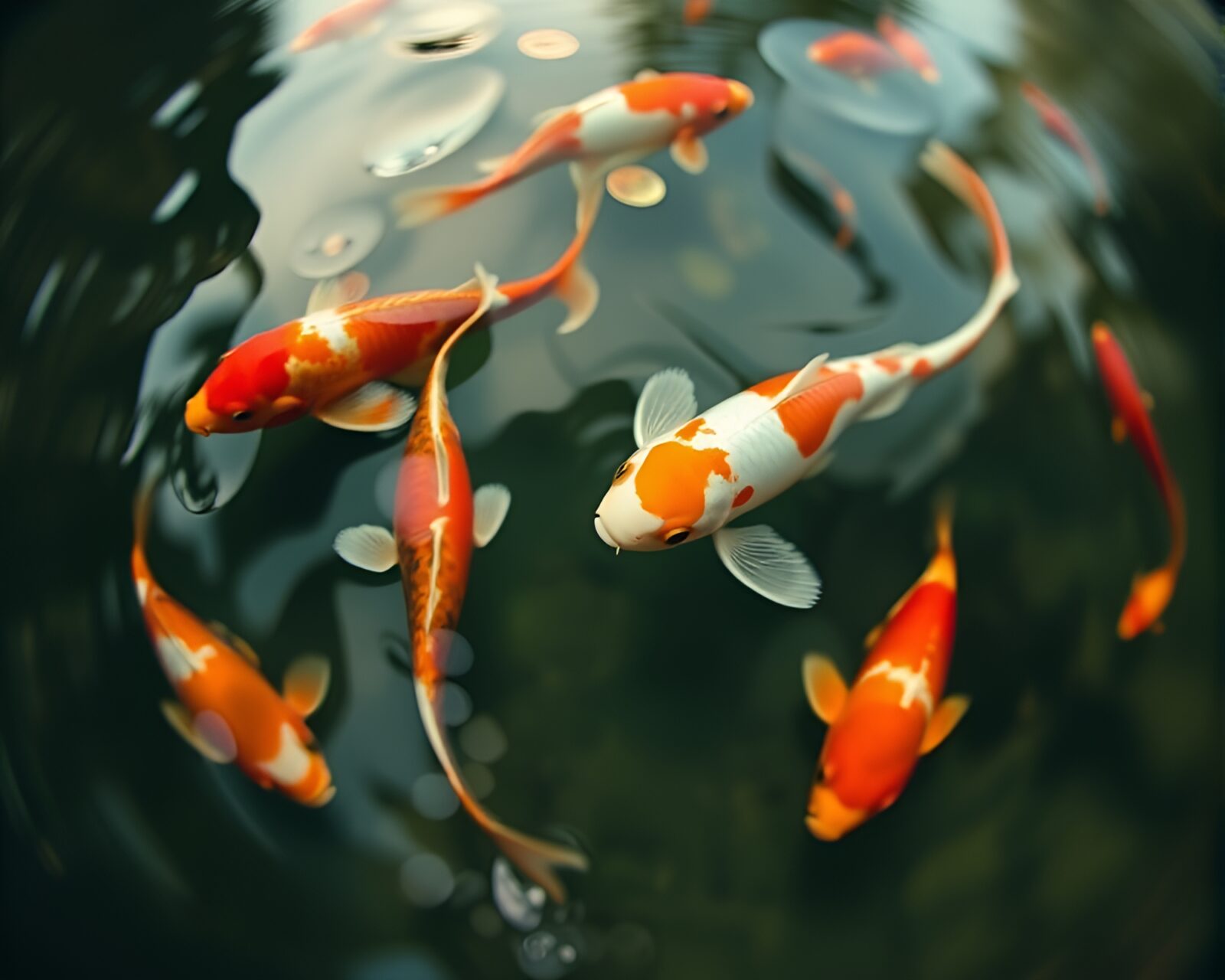 Tranquil koi fish pond viewed from below in soft focus
