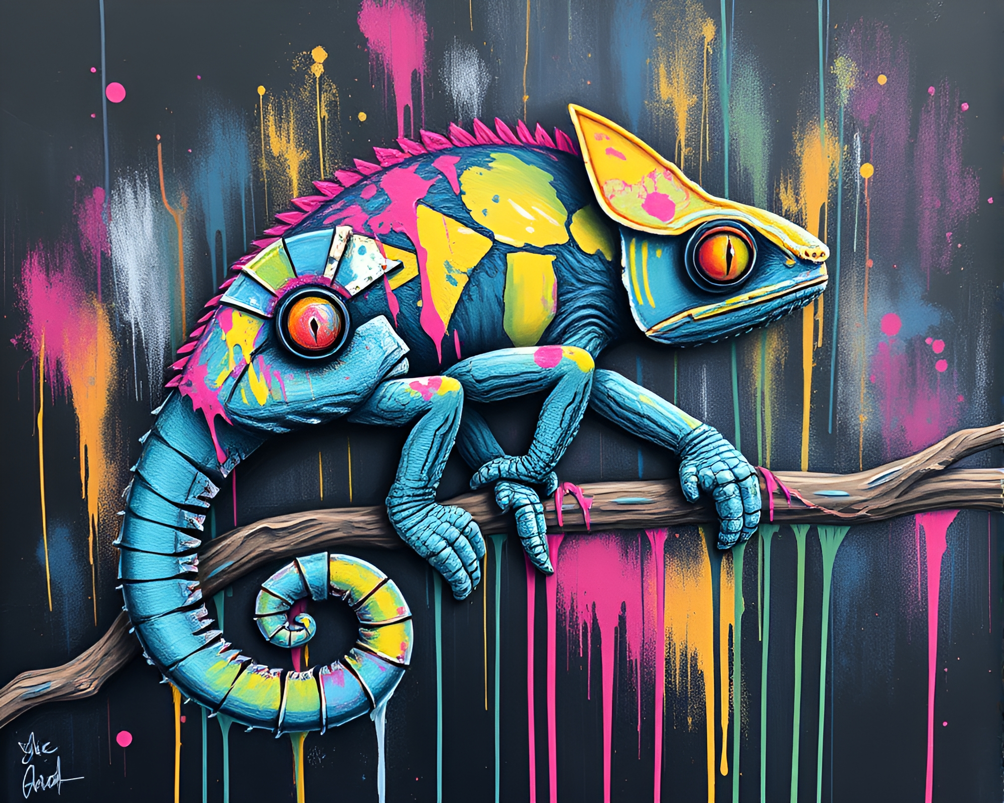 Chameleon blending in with chalk scrawls art – free AI stock image