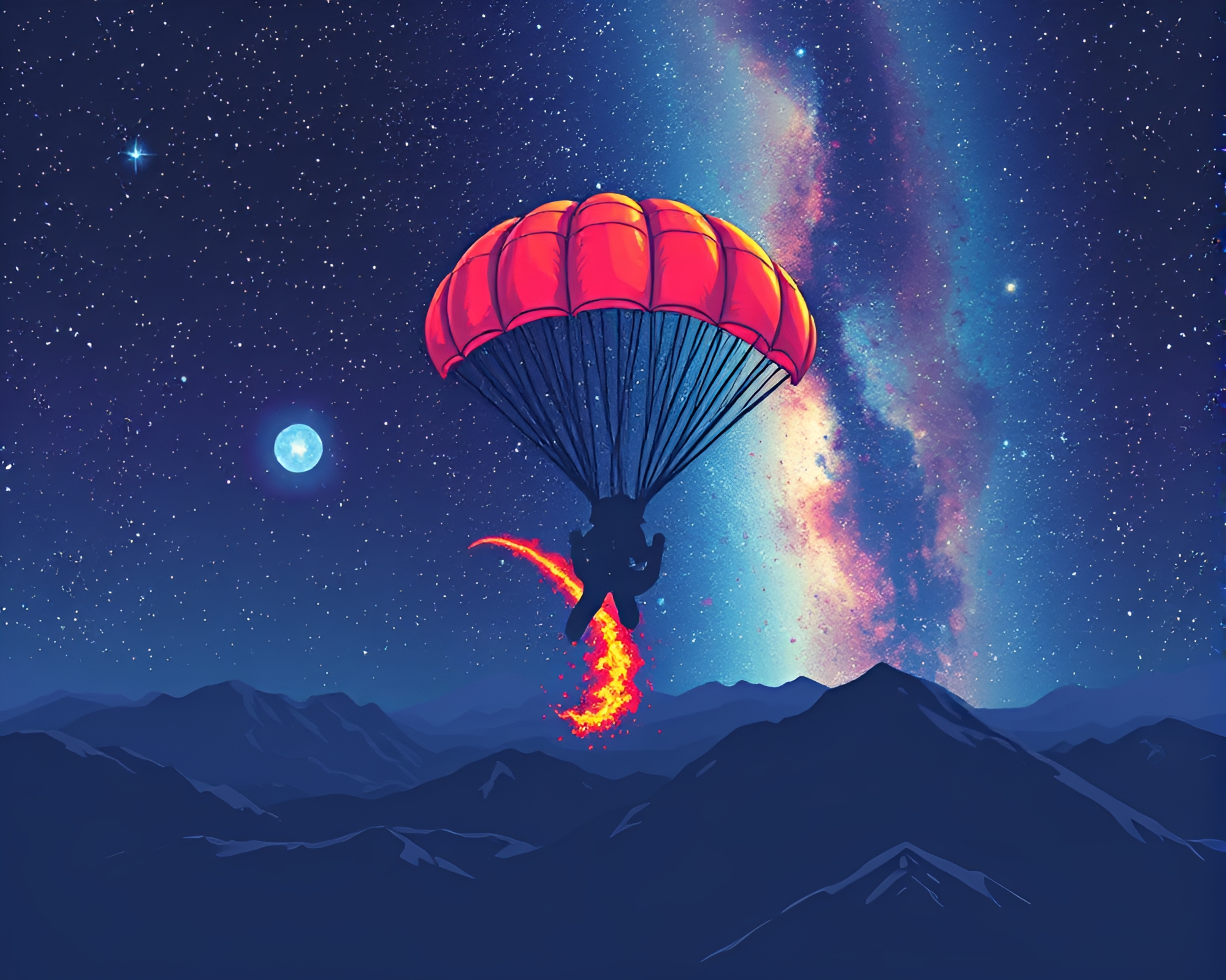 Parachute Jumper in Retro Pixel Art Film Burn Galaxy – free AI stock image