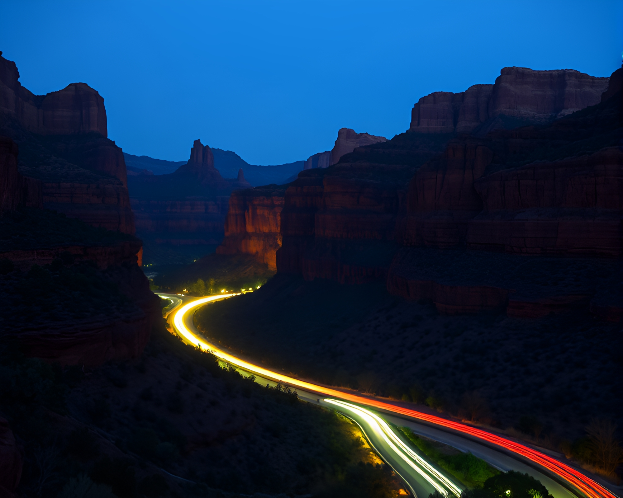Canyon Car Light Trails in Jewel Tones – free AI stock image