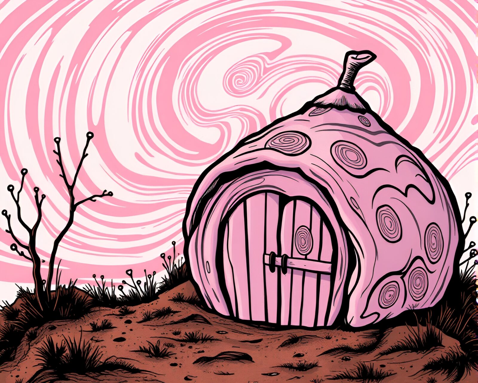 Comic book style image of fingerprint swirls surrounding a pink mud hut