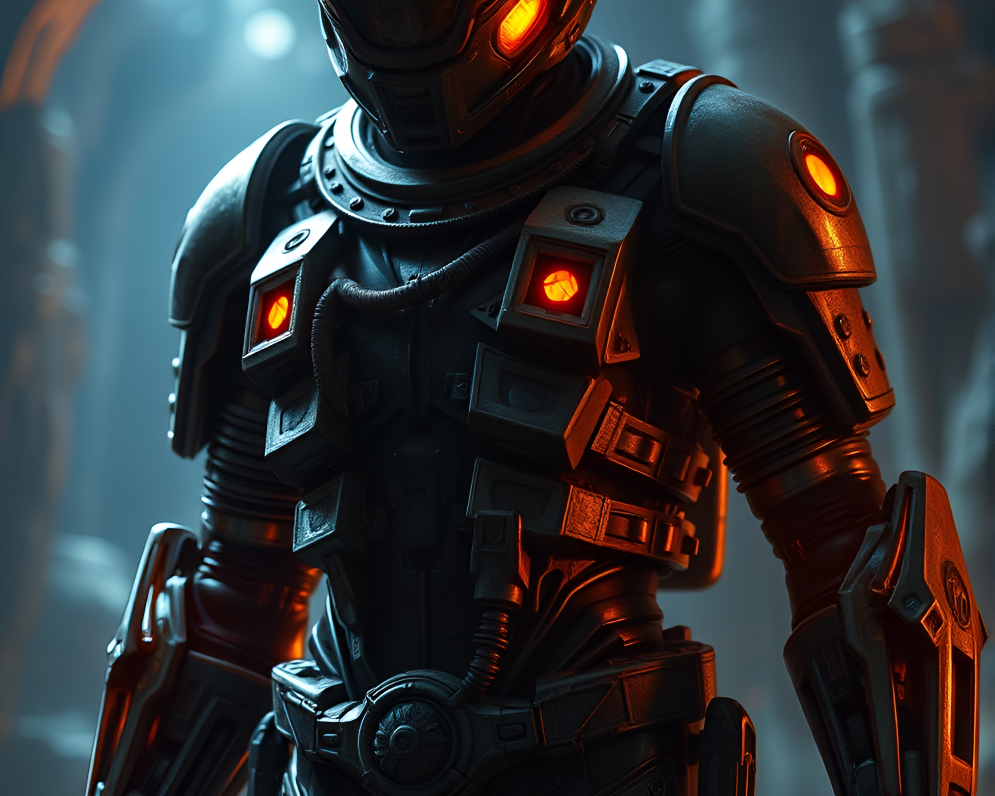 Exoskeleton Suit in Torchlit Dungeon Close-Up – free AI stock image