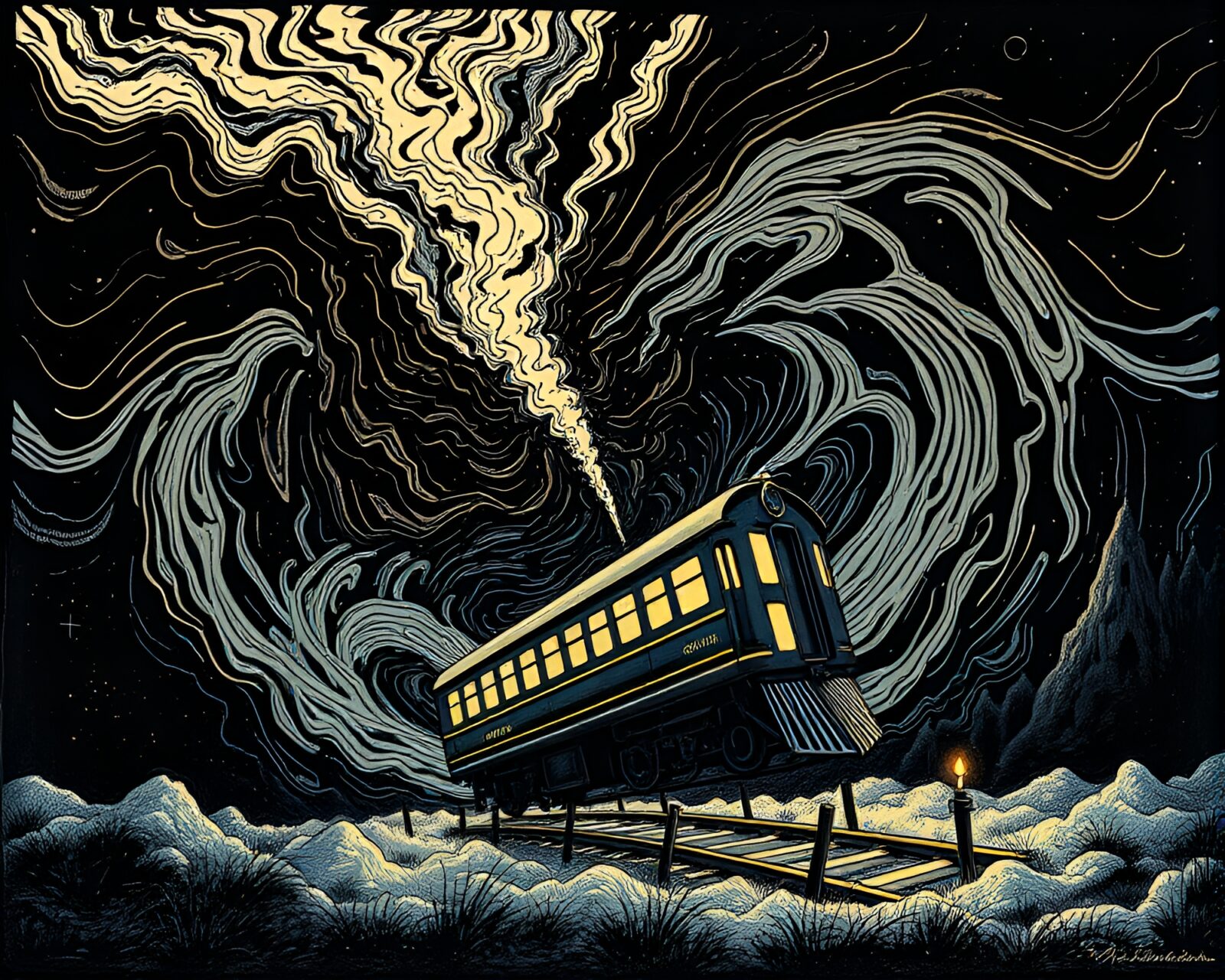 Woodcut print of levitating train in atmospheric church lighting