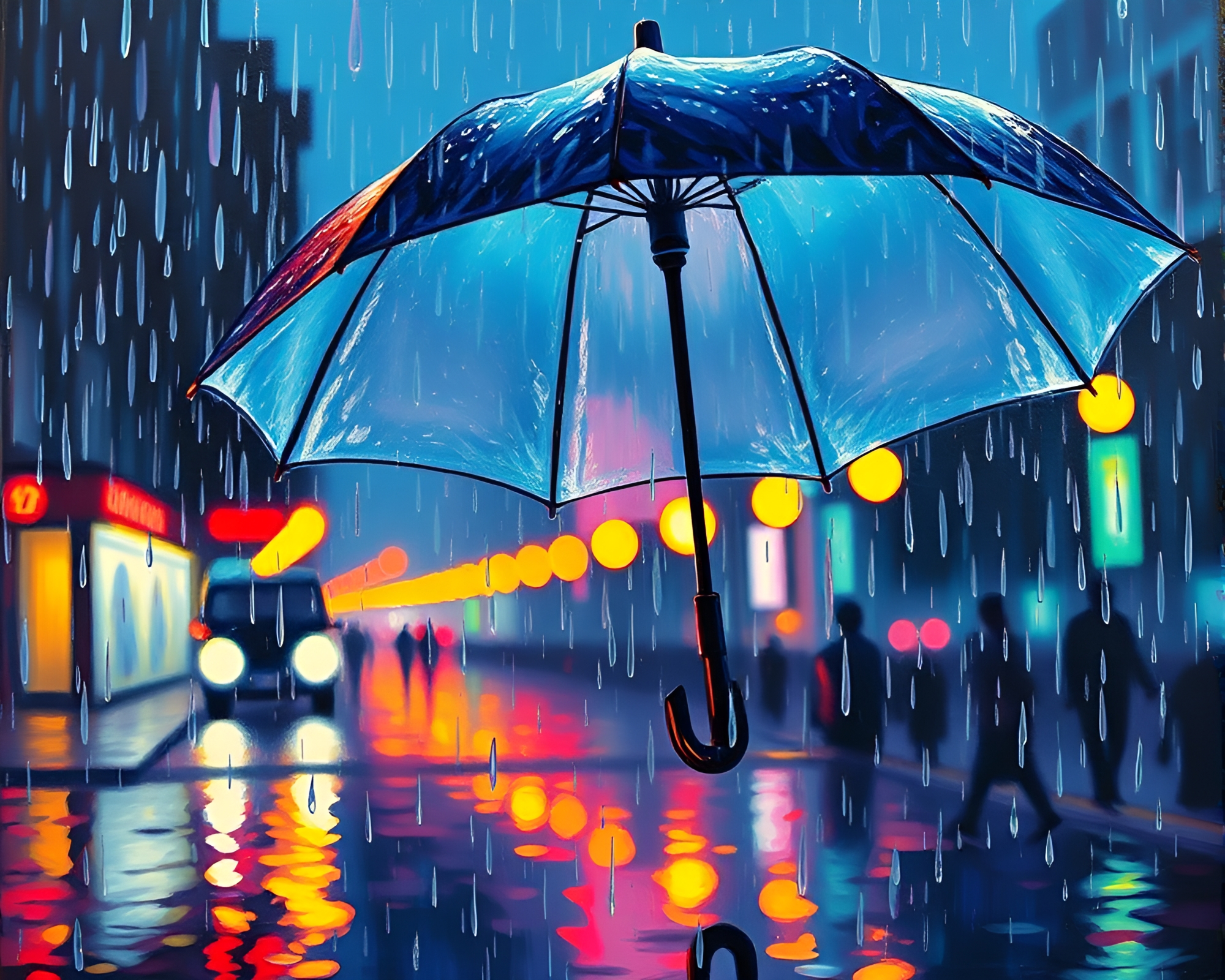 Night Neon Umbrella Rain Droplets Impressionist Painting – free AI stock image