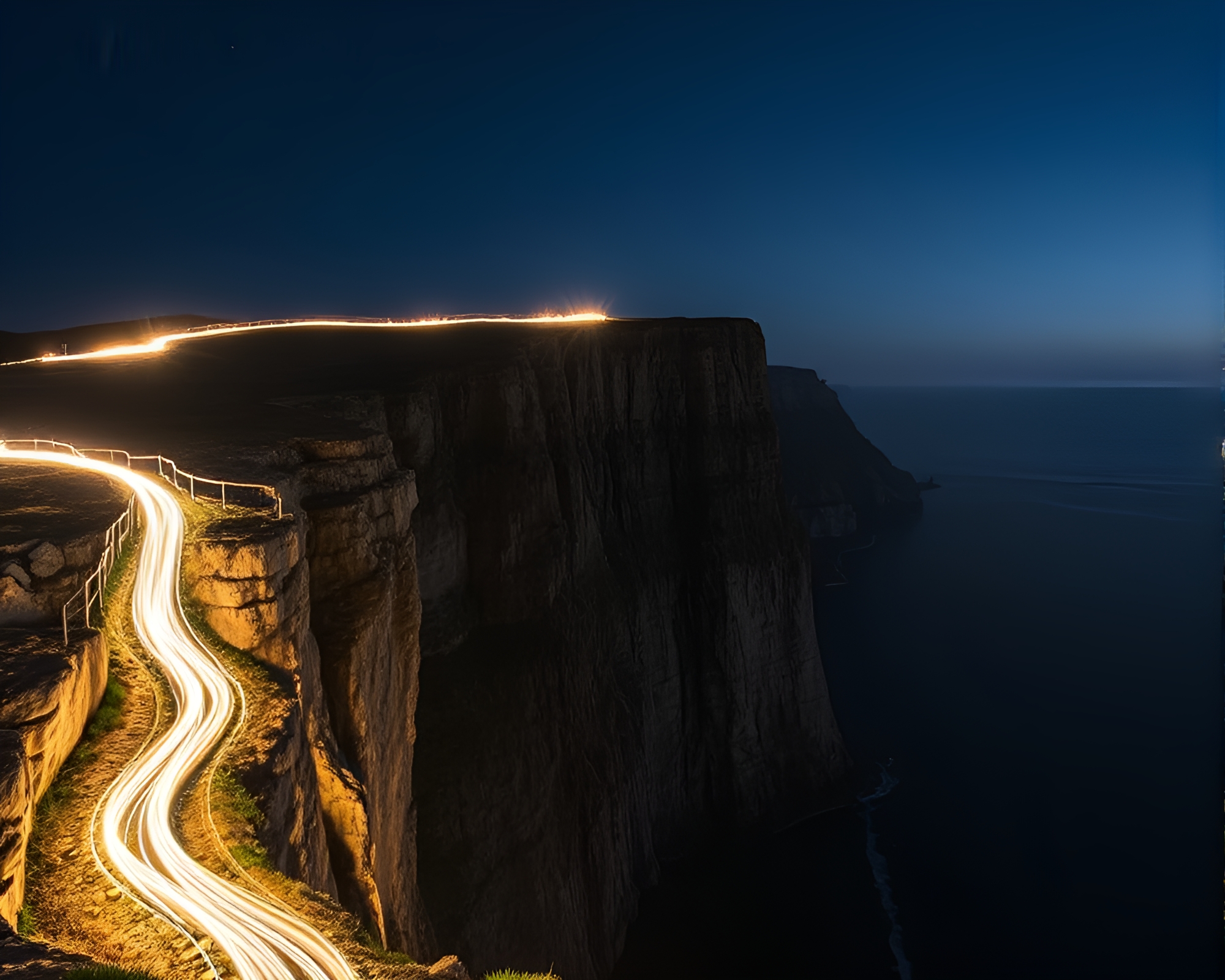 Cliffside Light Trails: Midday Etching Composition – free AI stock image