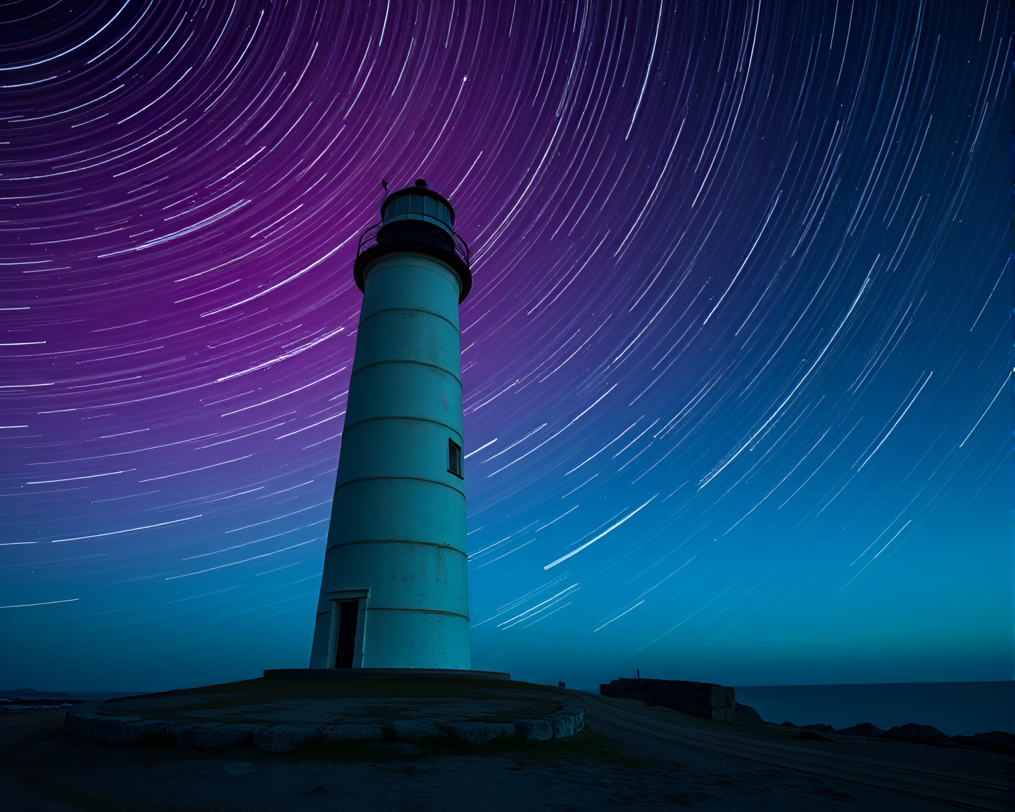Enigmatic Abandoned Lighthouse under Vibrant Star Trails – free AI stock image