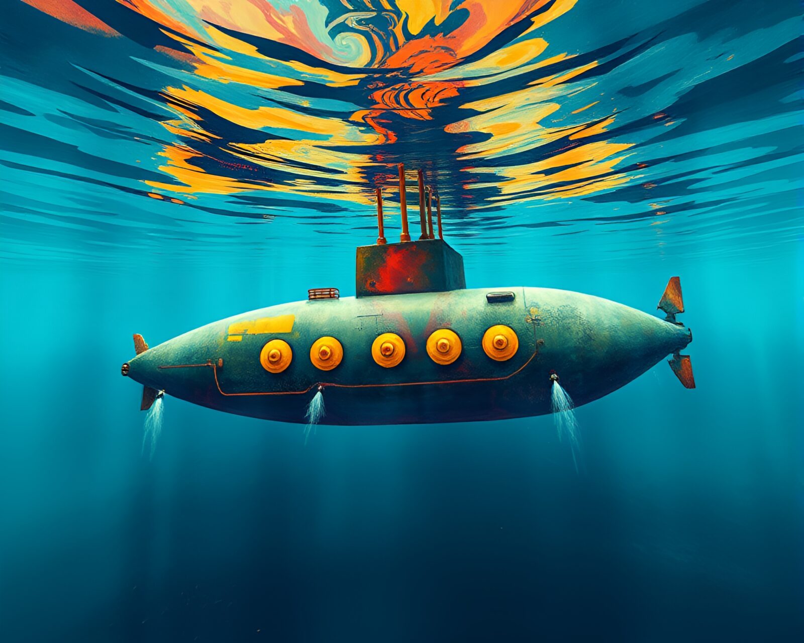 Futuristic underwater city seen through glitched digital lens