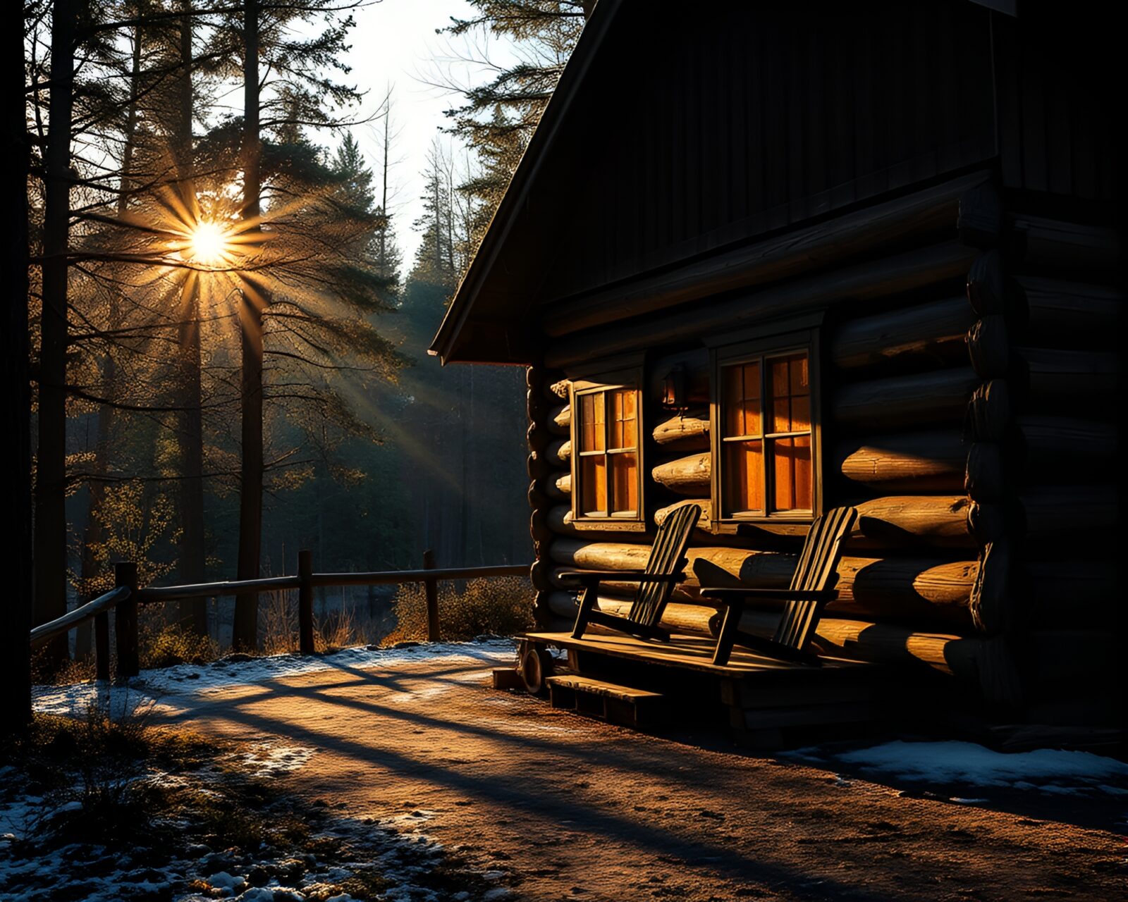 A serene rustic cabin in golden hour glow