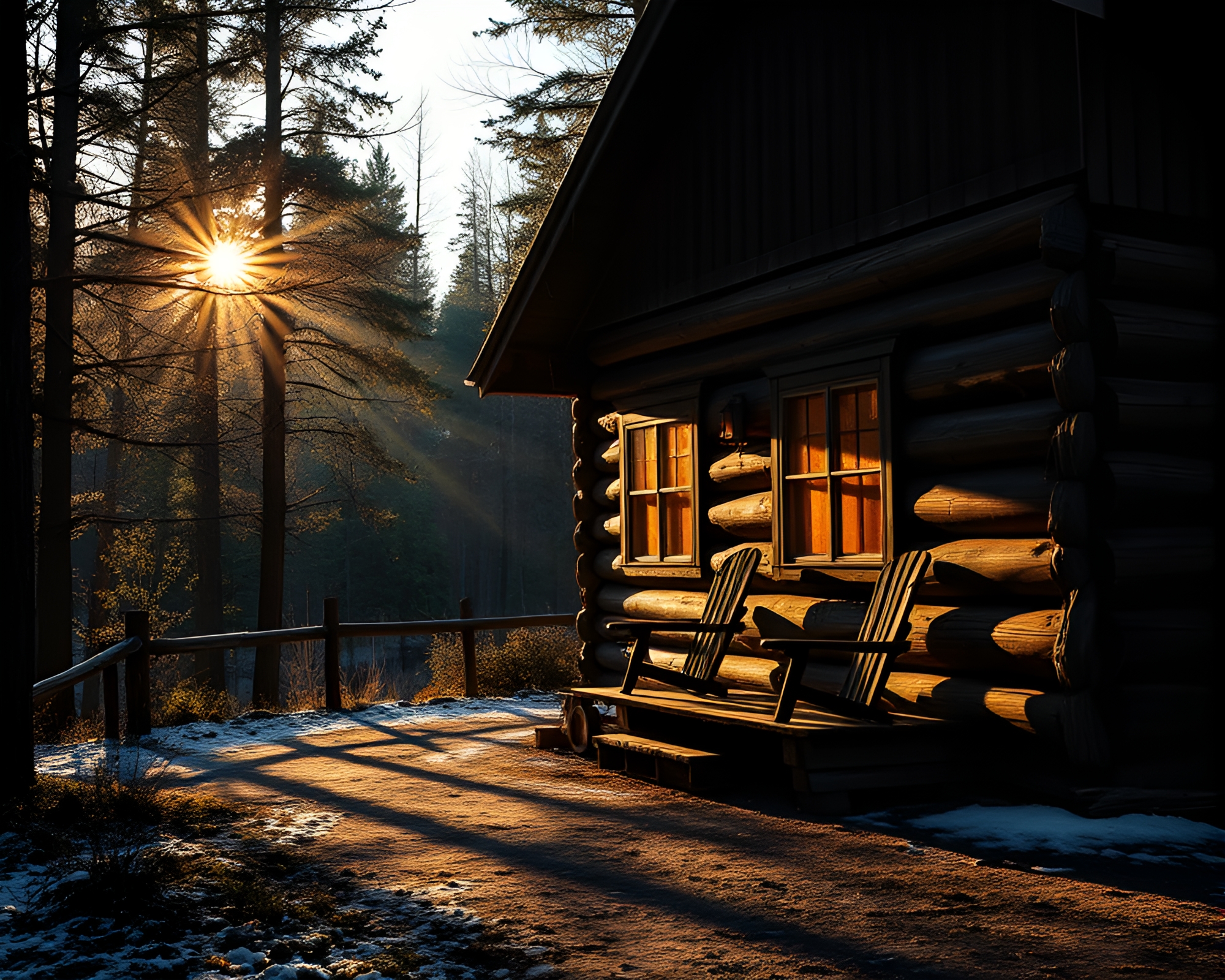 Rustic Cabin Bathed in Golden Hour Sunlight – free AI stock image