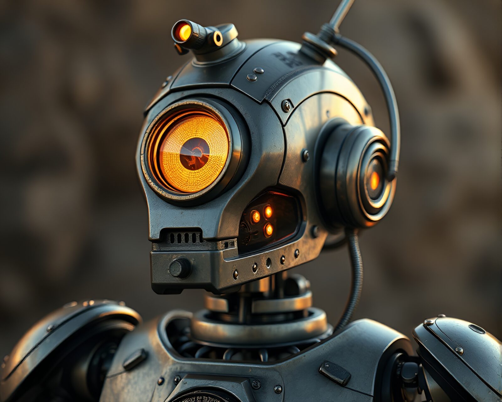 Detailed steampunk robot bathed in natural light and gold accents