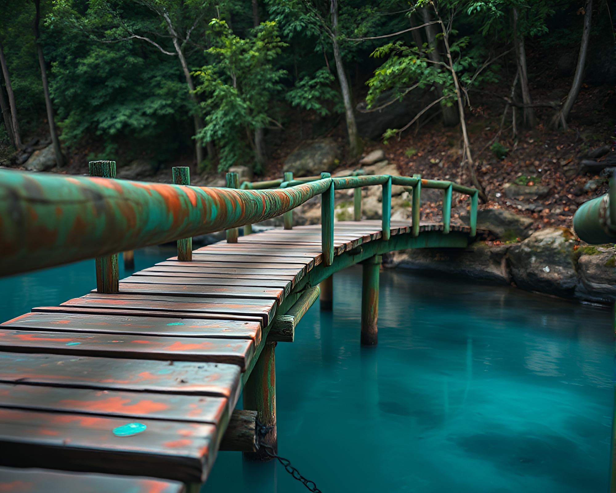Verdigris Wooden Bridge in Toon Shading – free AI stock image