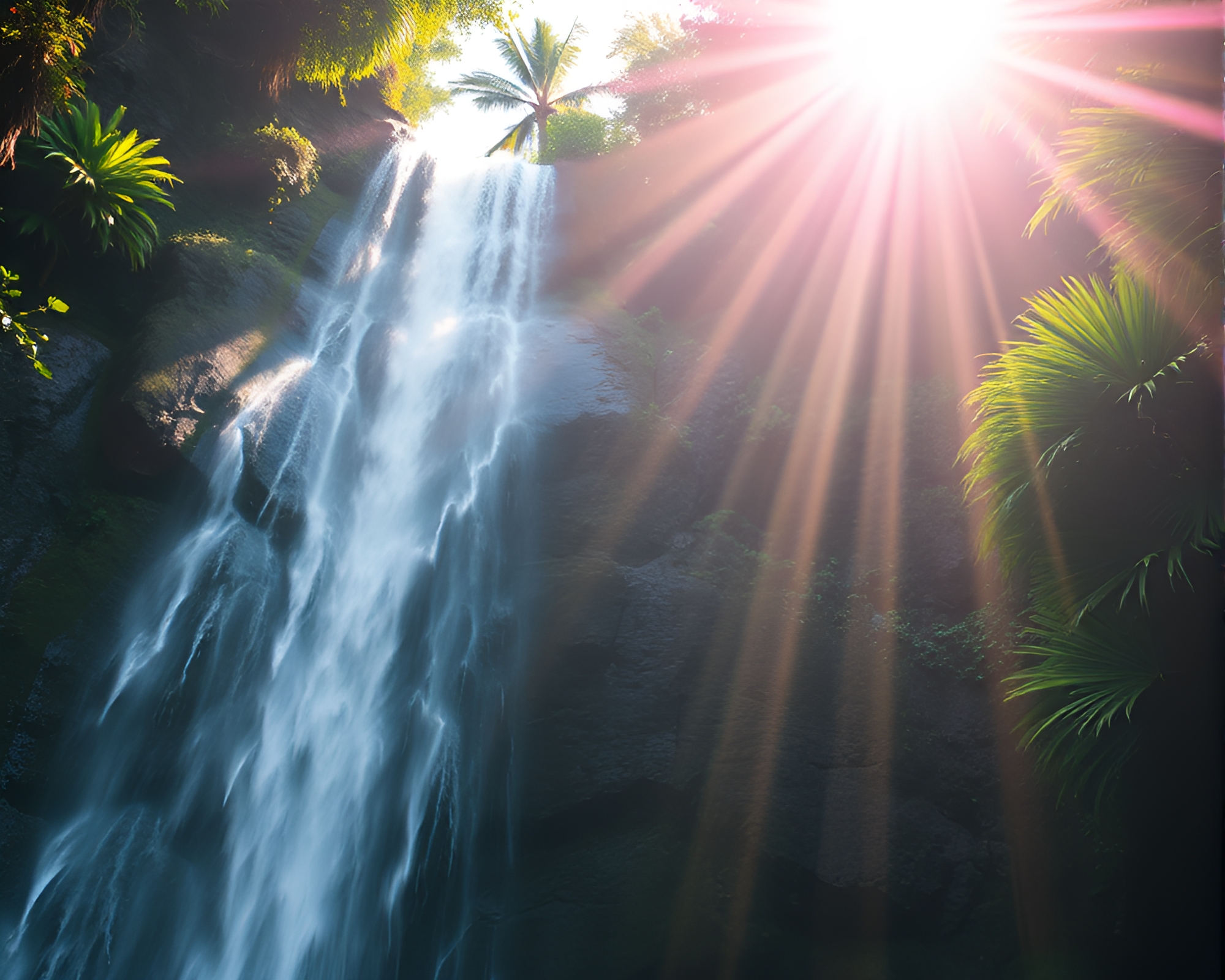 Prismatic Jungle Waterfall from Above – free AI stock image
