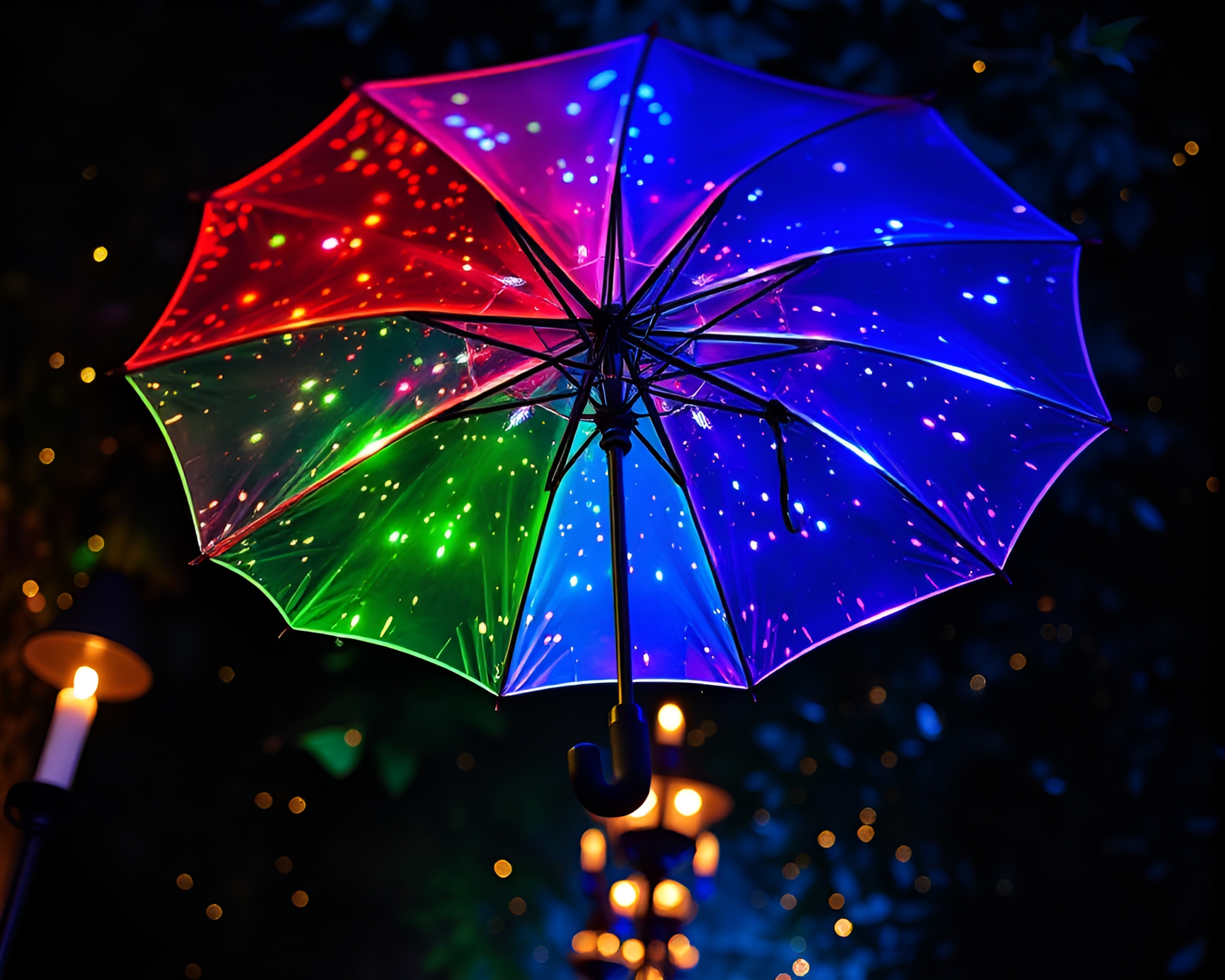 Vibrant Neon Umbrella in Candlelit Kaleidoscope – free AI stock image