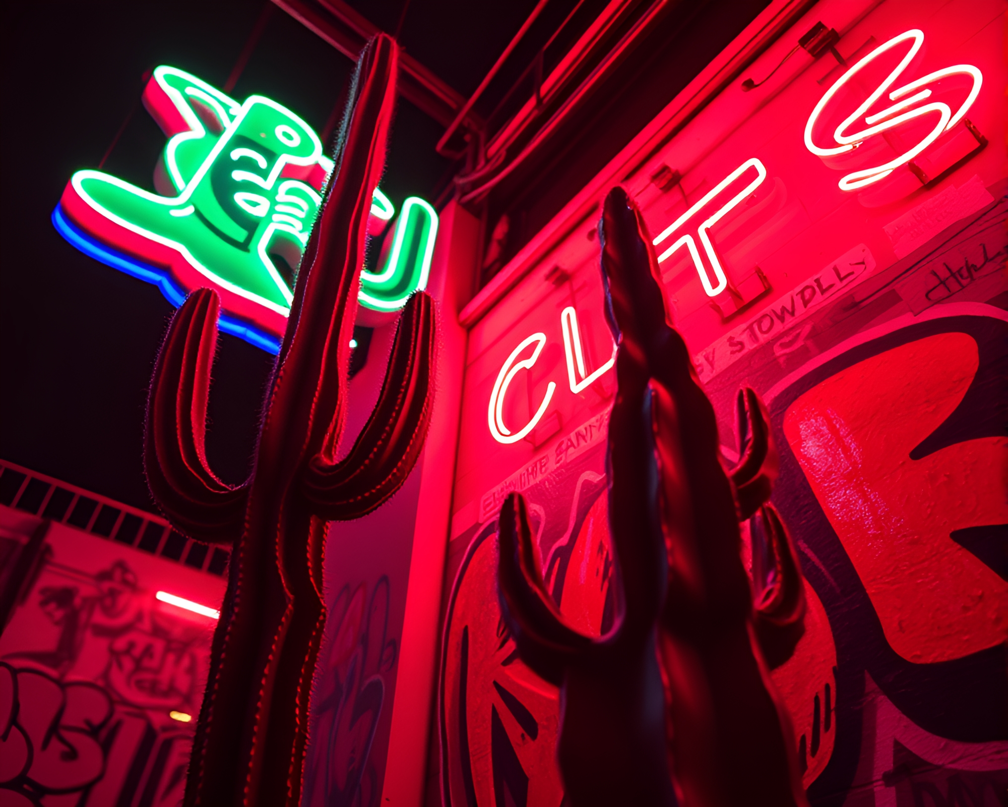 Vivid Neon Cactus Graffiti Stereograph Showcase – free AI stock image