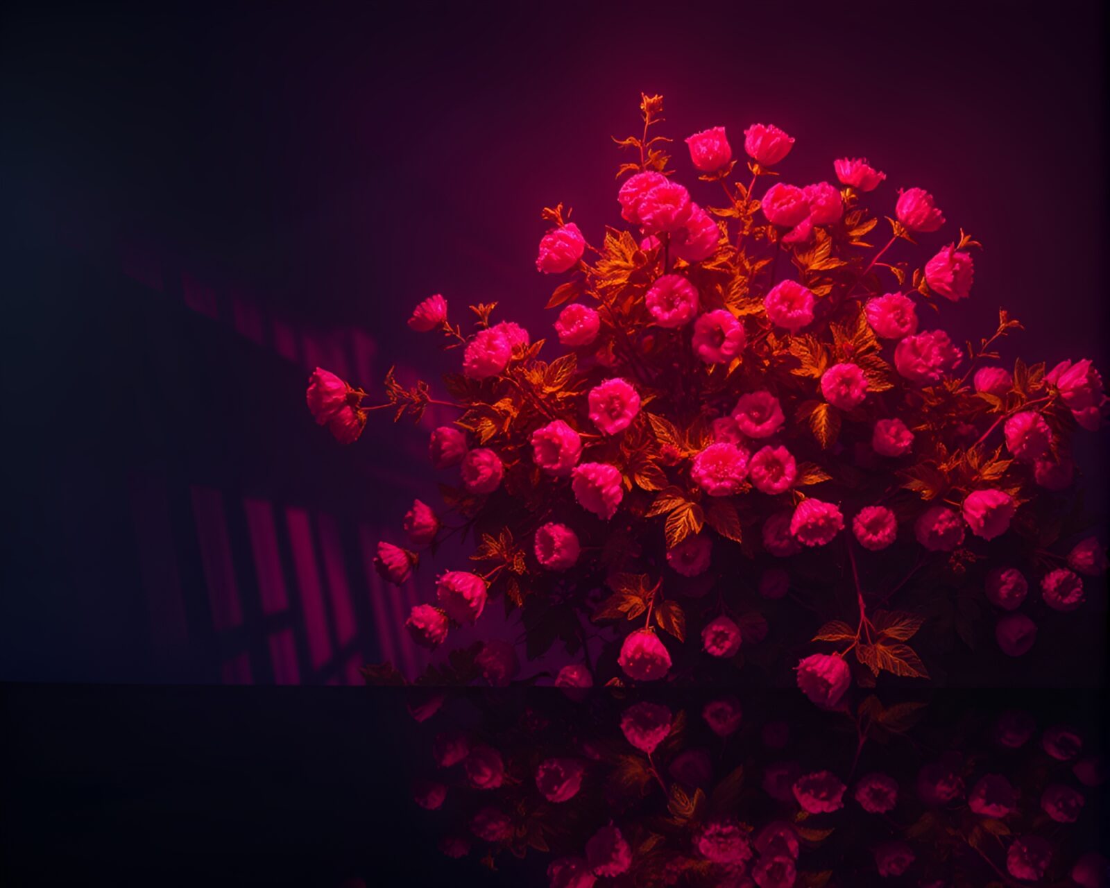 Vibrant neon raspberry bush mural painted with low-key lighting