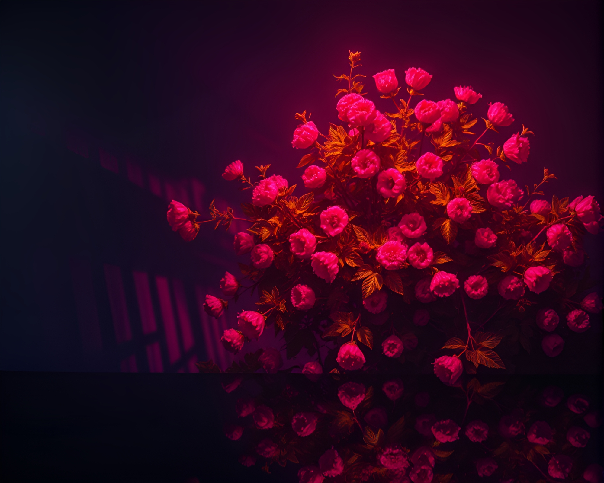 Neon Raspberry Bush Mural in Low-Key Lighting – free AI stock image