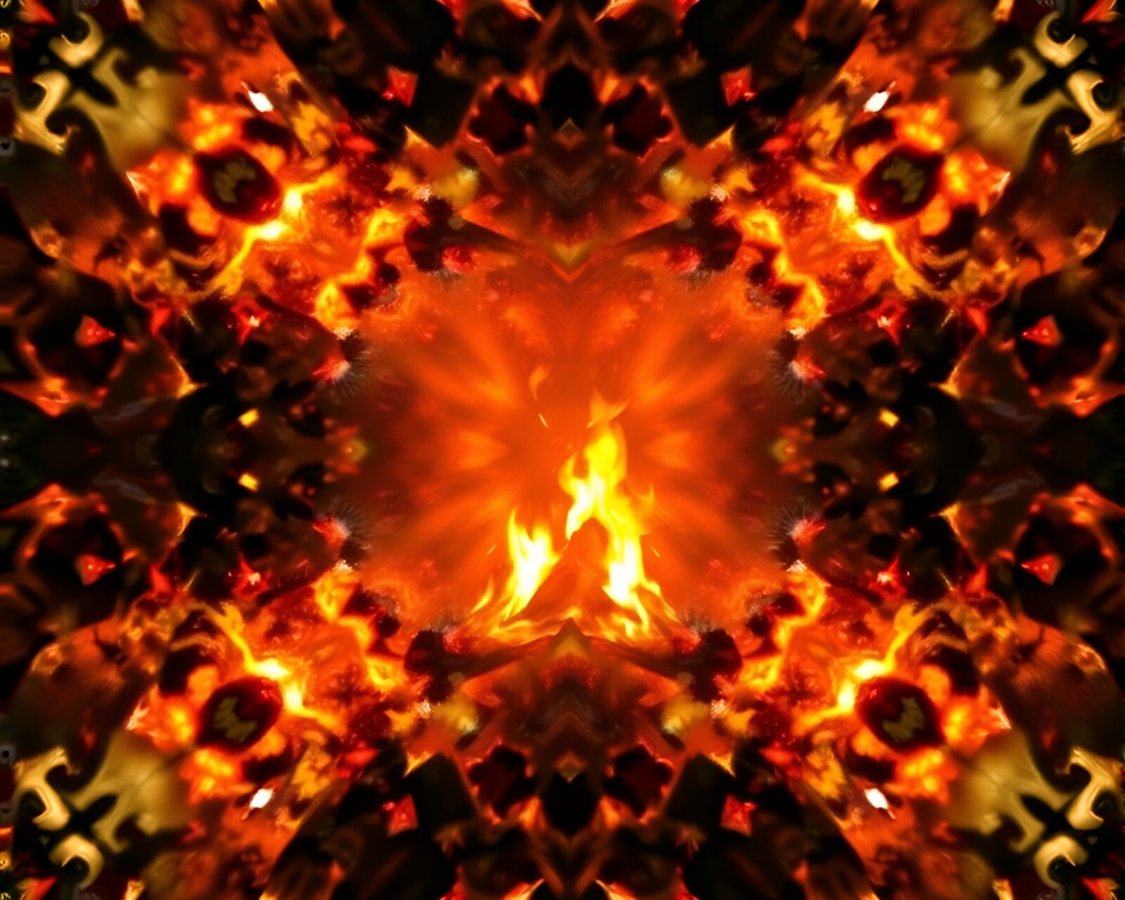 Digital painting of a mesmerizing bonfire within a kaleidoscope