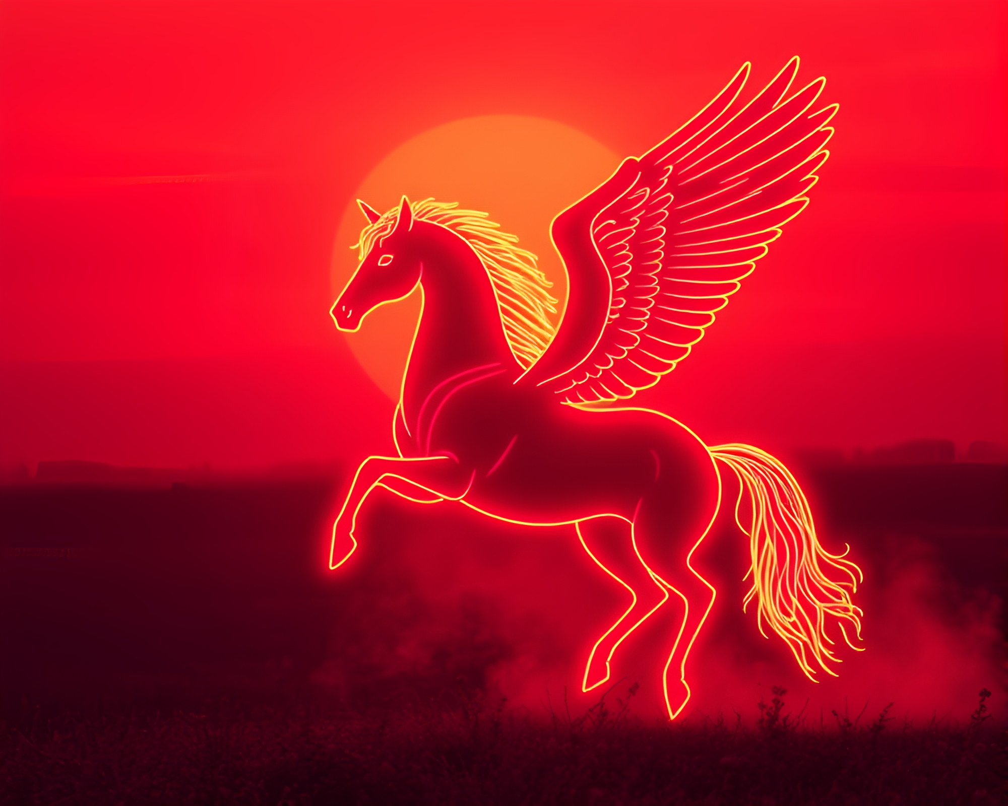 Neon-lit Monochrome Pegasus Soaring at Sunset – free AI stock image