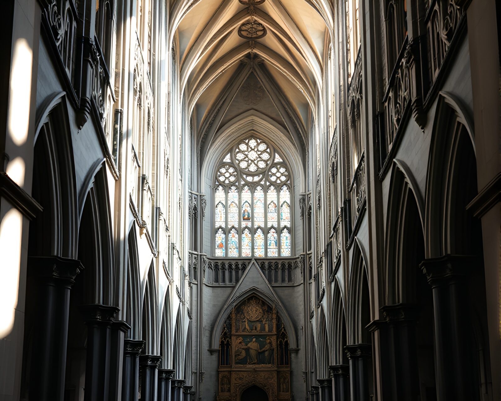 A majestic Gothic cathedral bathed in ethereal light