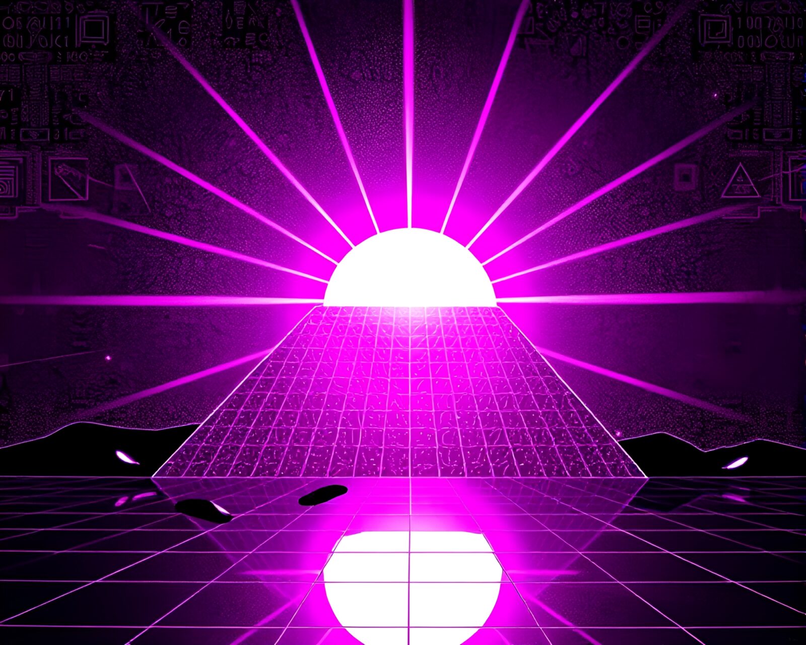 Solar panels refracted through mirror shards in ASCII style