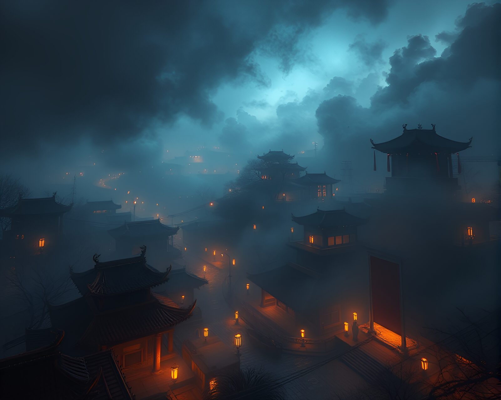 Mystical fog surrounds ancient city with illuminated scrolls