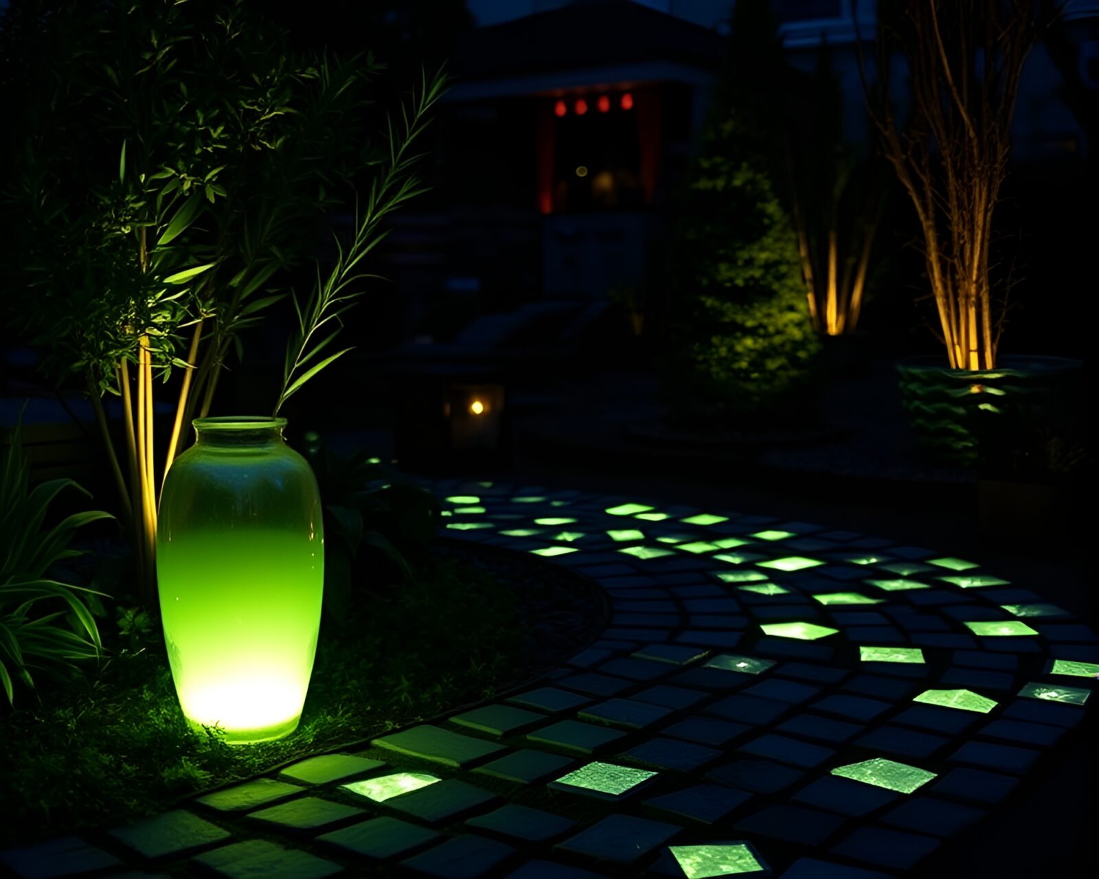 Glowing vase surrounded by cobblestones in natural light