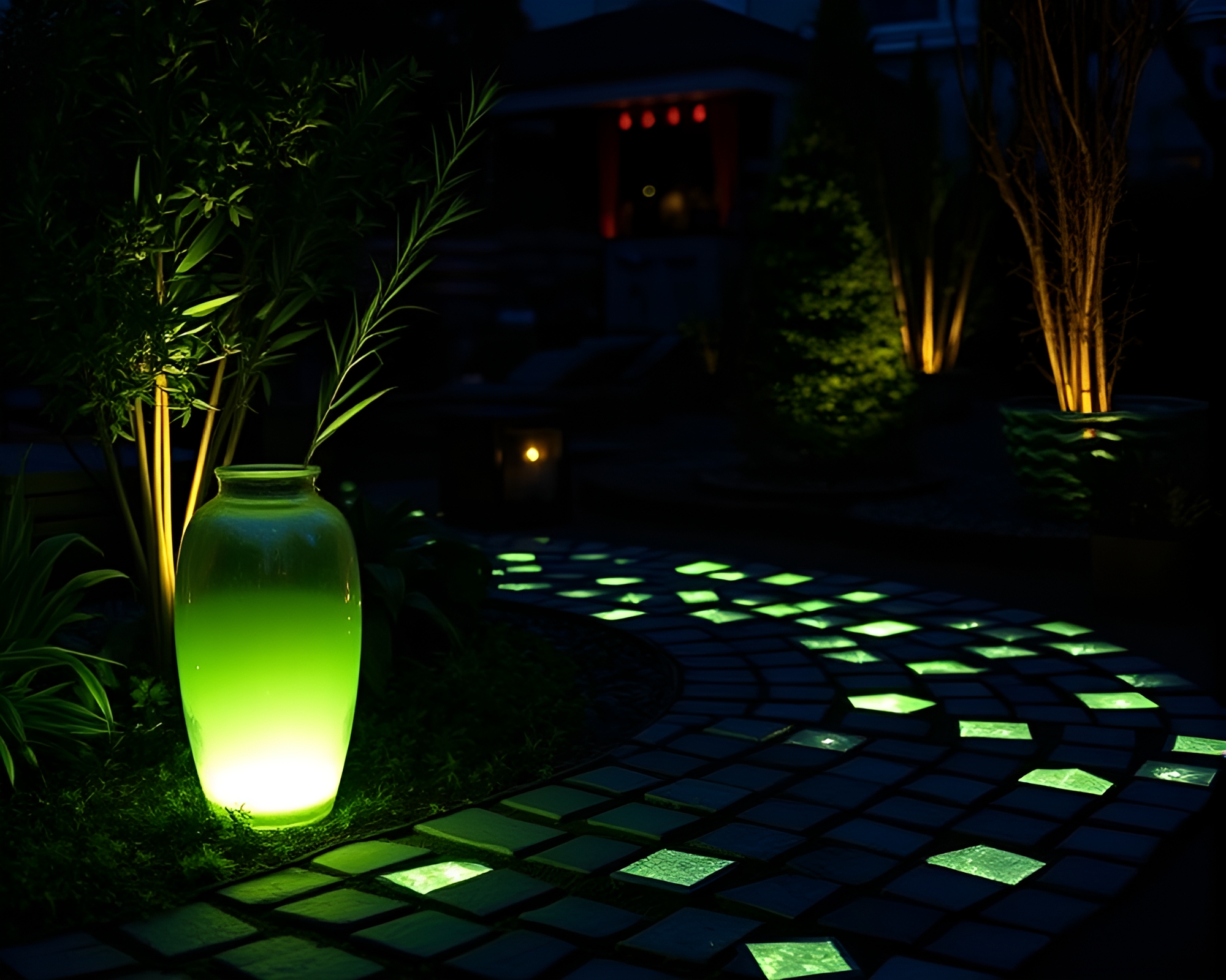Enchanted Cobblestone Path with Glow-in-the-Dark Vase – free AI stock image
