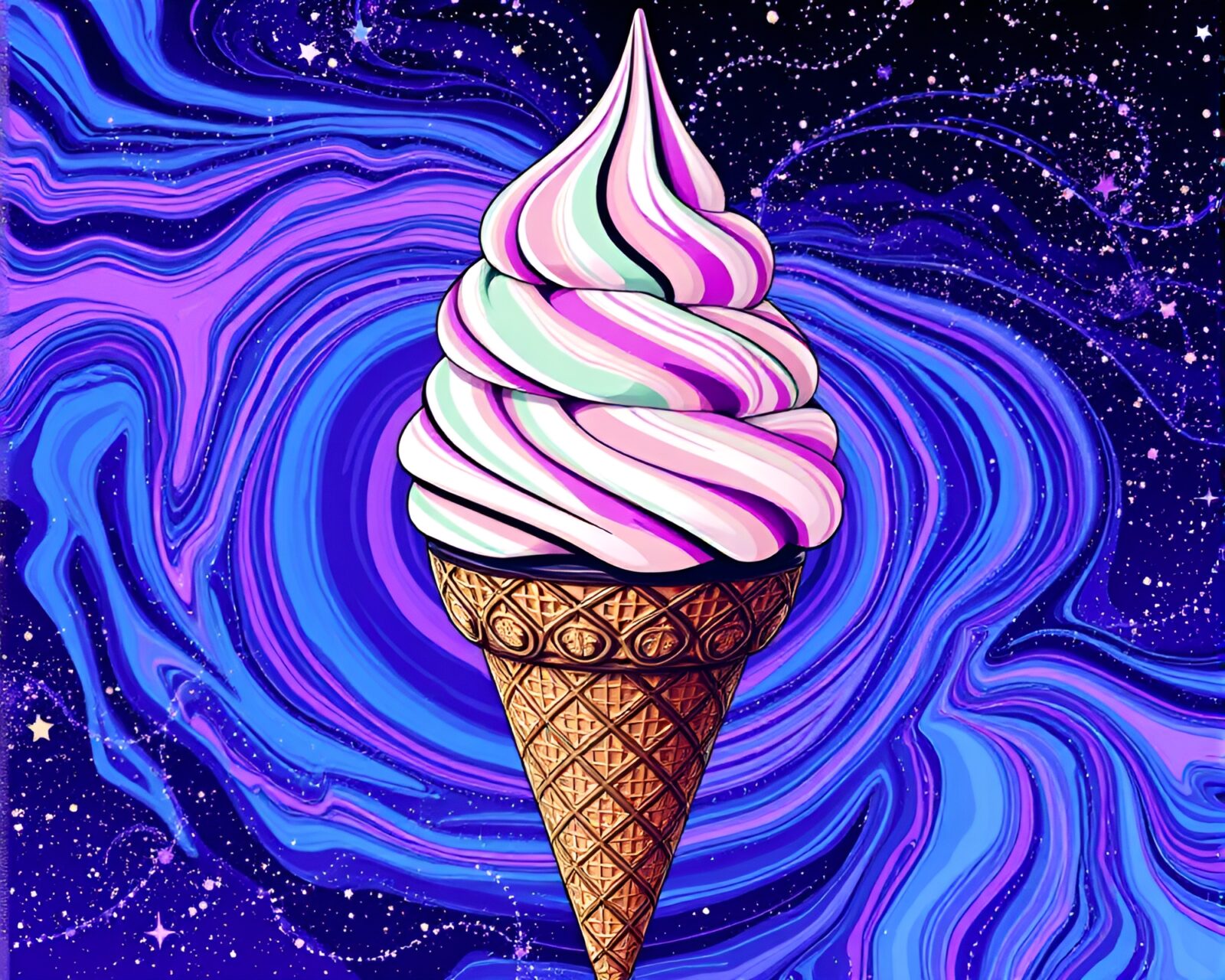 Vibrant gelato cone with fingerprint swirl, in pop art style