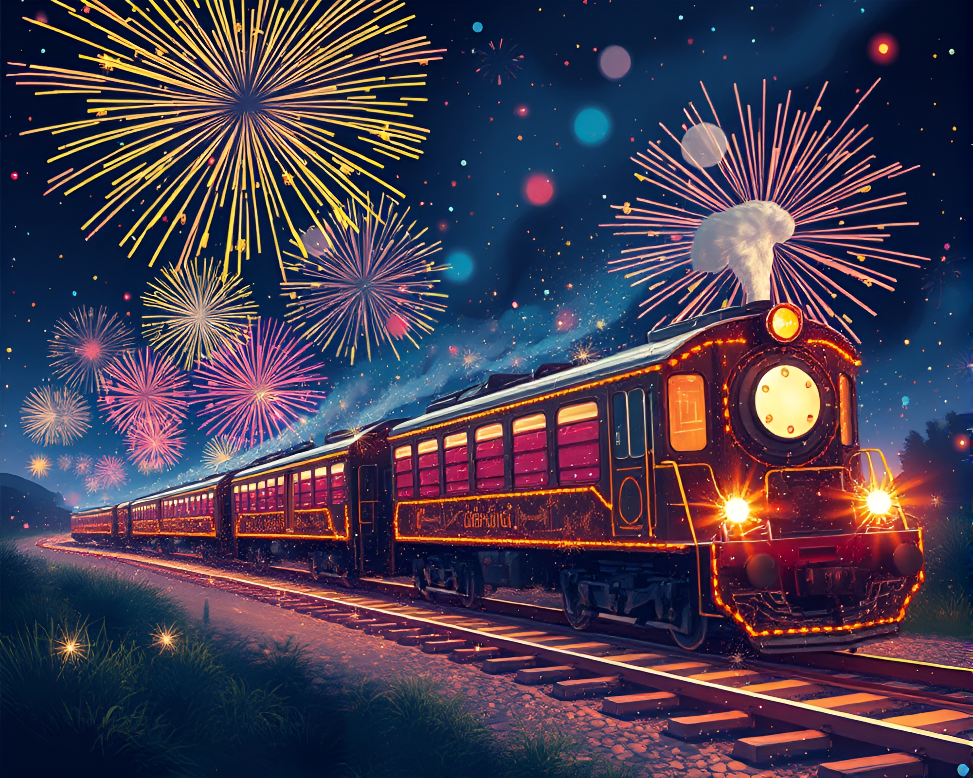 Futuristic Magnetic Levitation Train amidst Dazzling Fireworks – free AI stock image