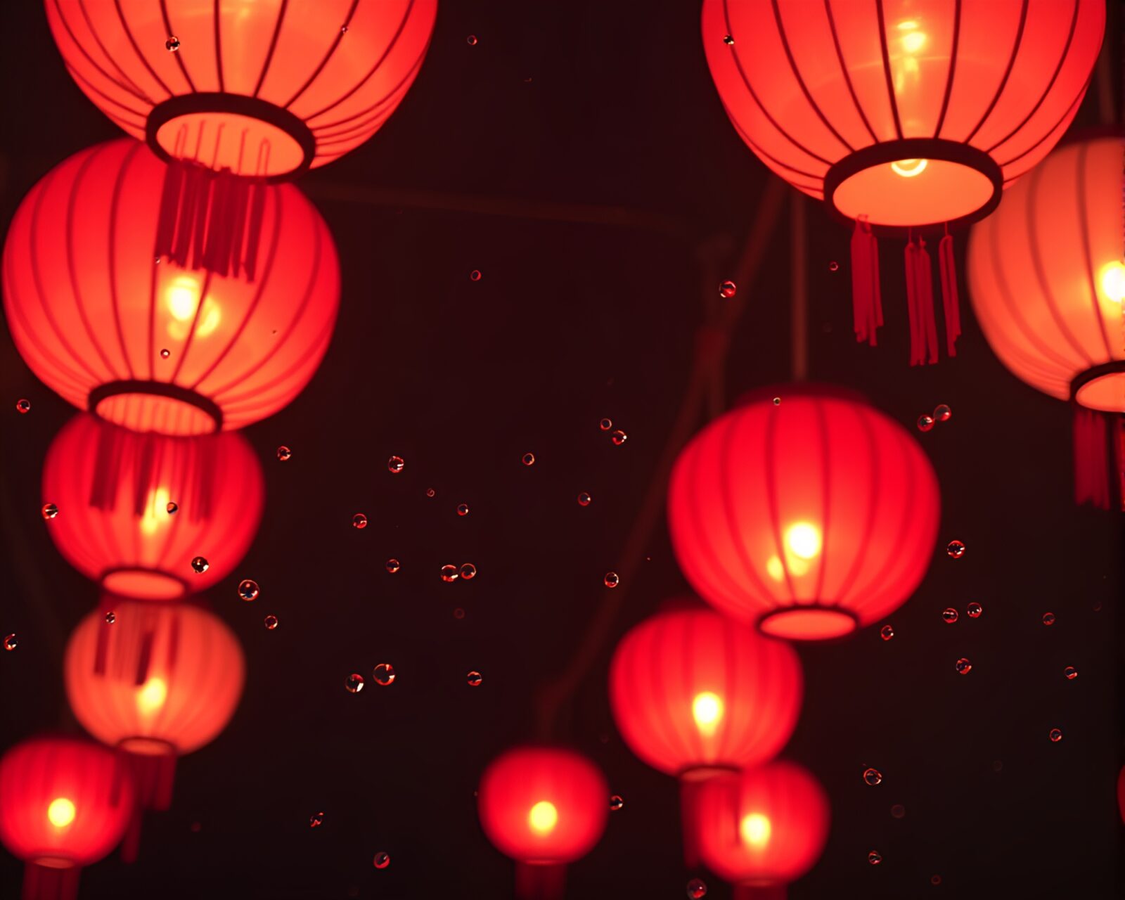 Vibrant neon lights illuminate serene water droplets and lanterns.