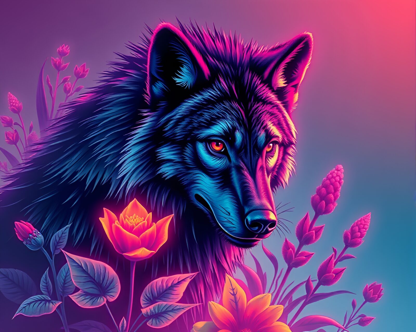 Vibrant neon-lit illustration of a werewolf in a botanical studio setting