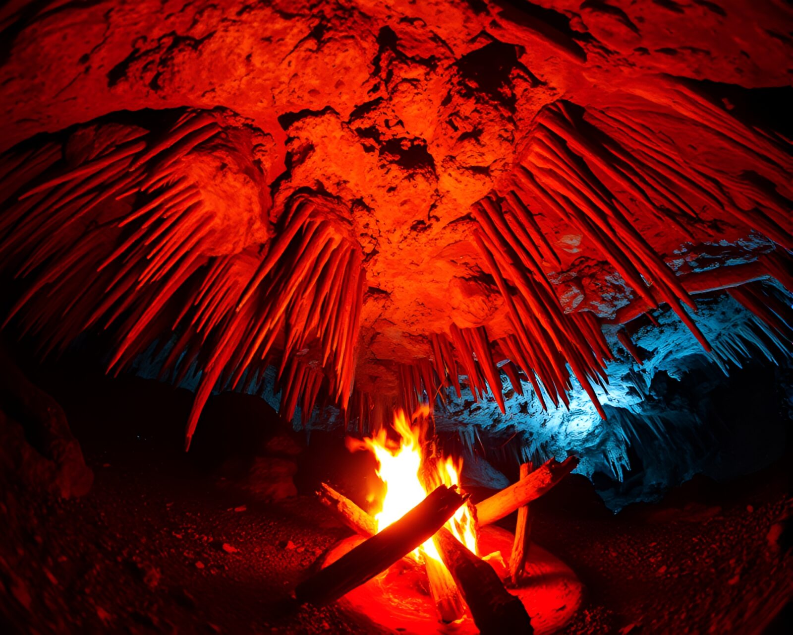 Vibrant pop art style image of cave with warm bonfire glow and fisheye effect