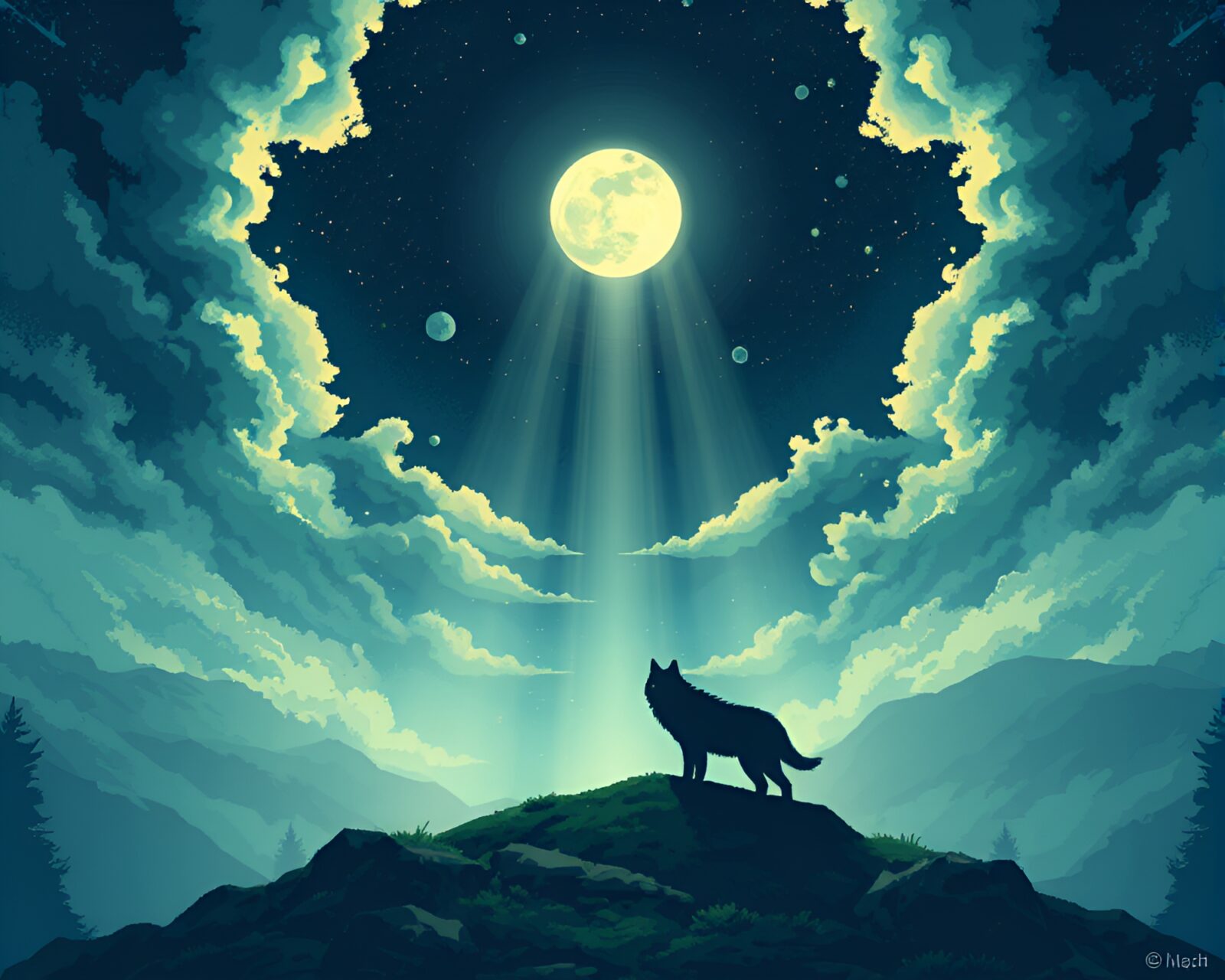 Pixel art scene of a majestic wolf under moonlight