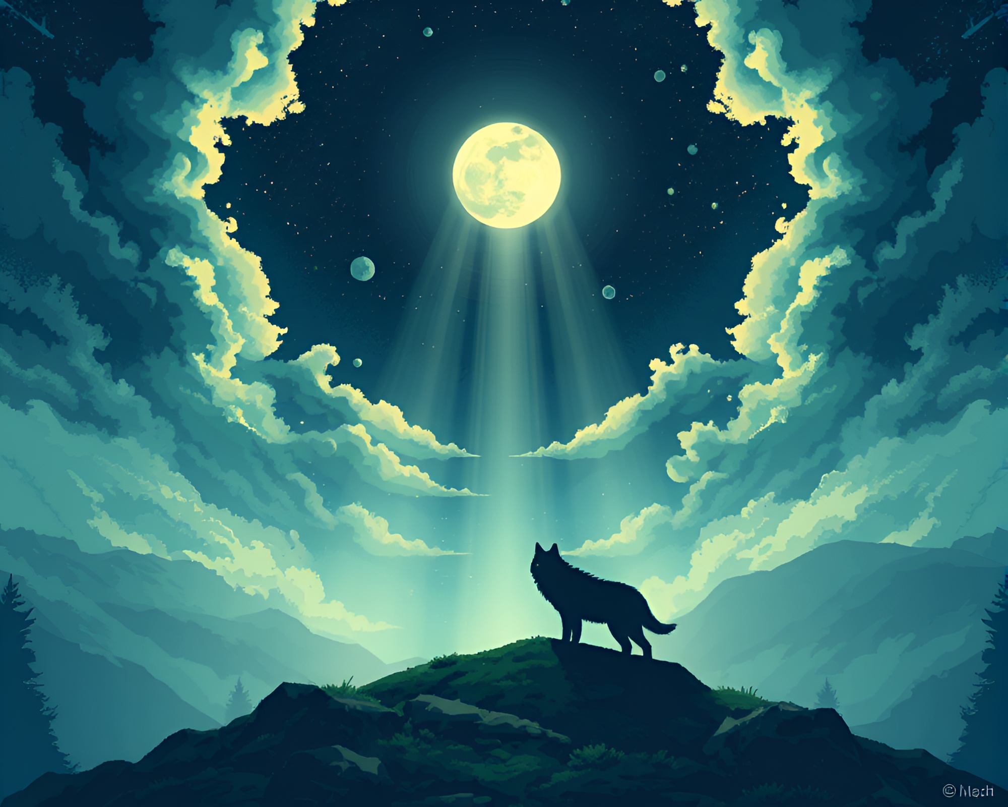 Moonlit Wolf Under God Rays Pixel Art – free AI stock image