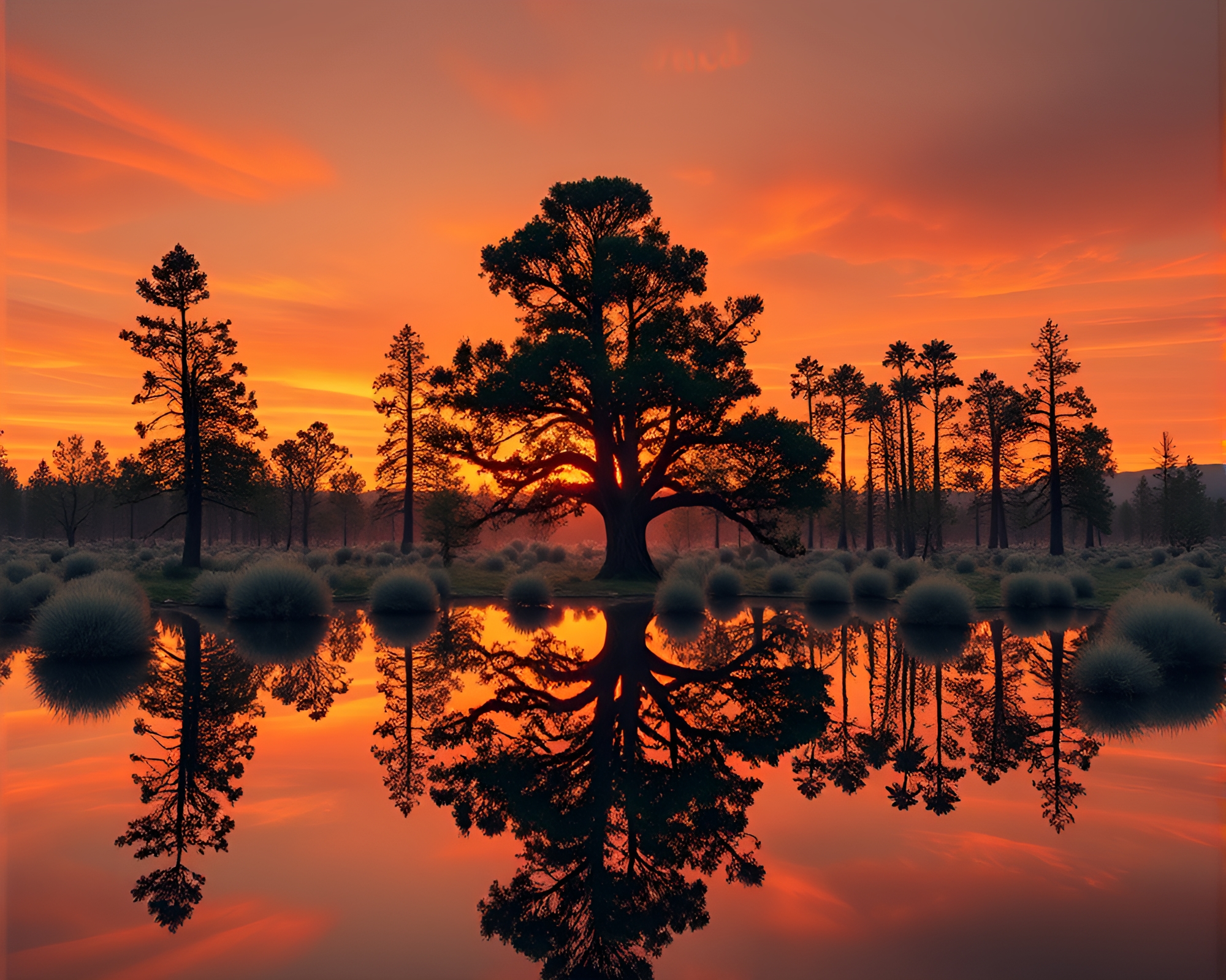 Ethereal Redwood Double Reflection at Desert Sunset – free AI stock image