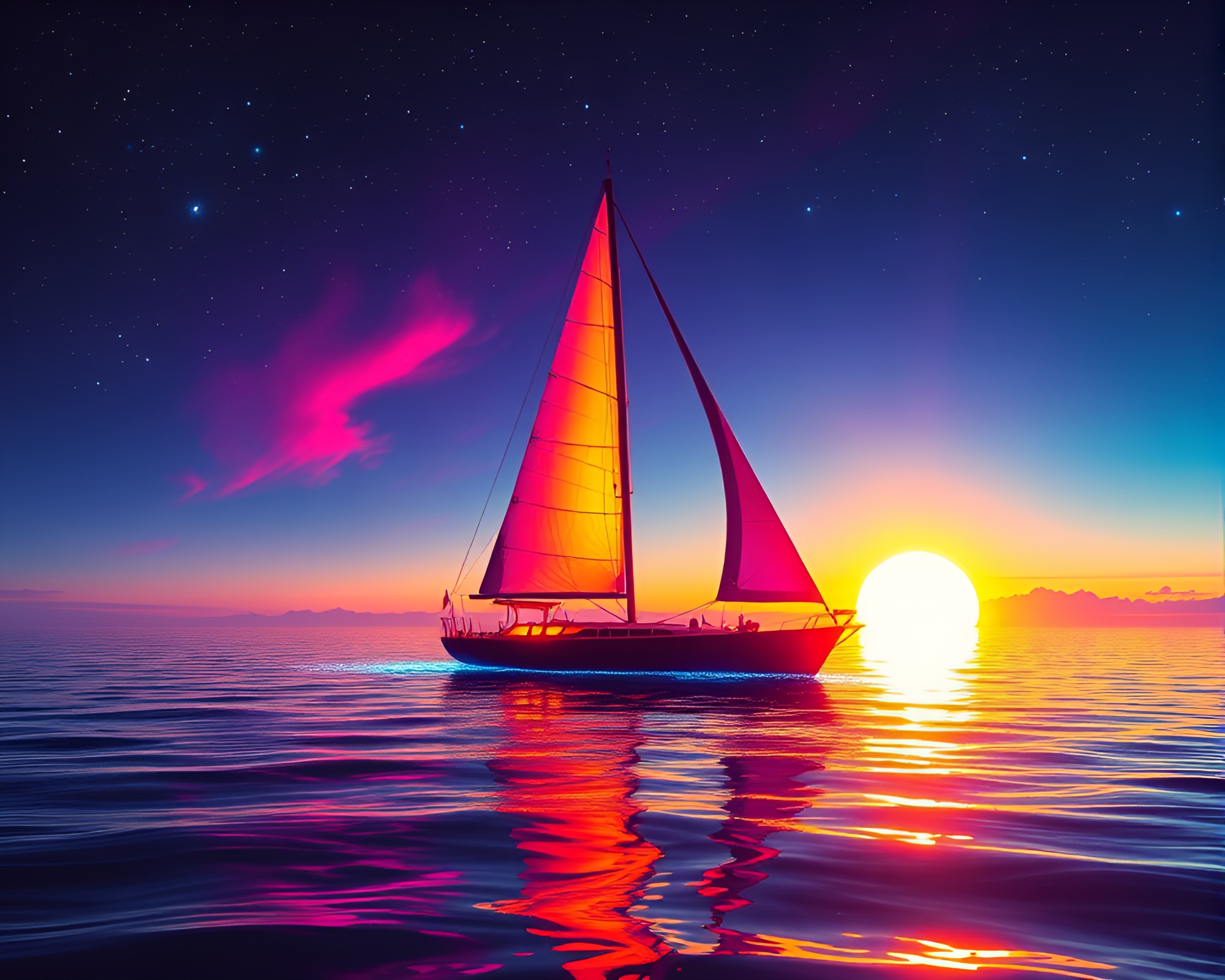 Stained Glass Solar Sailboat in Neon – free AI stock image