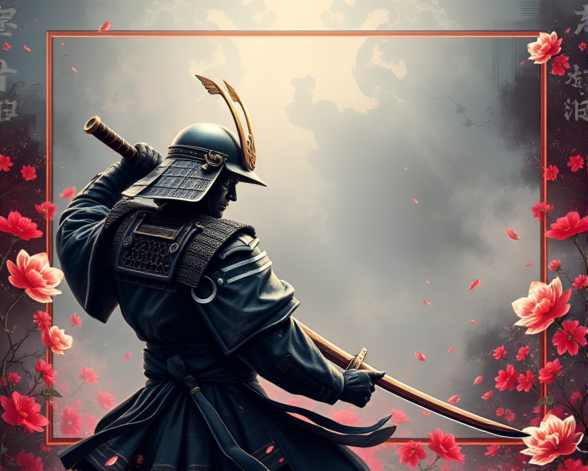 Samurai Sword in Digital Mural Frame Within Frame – free AI stock image