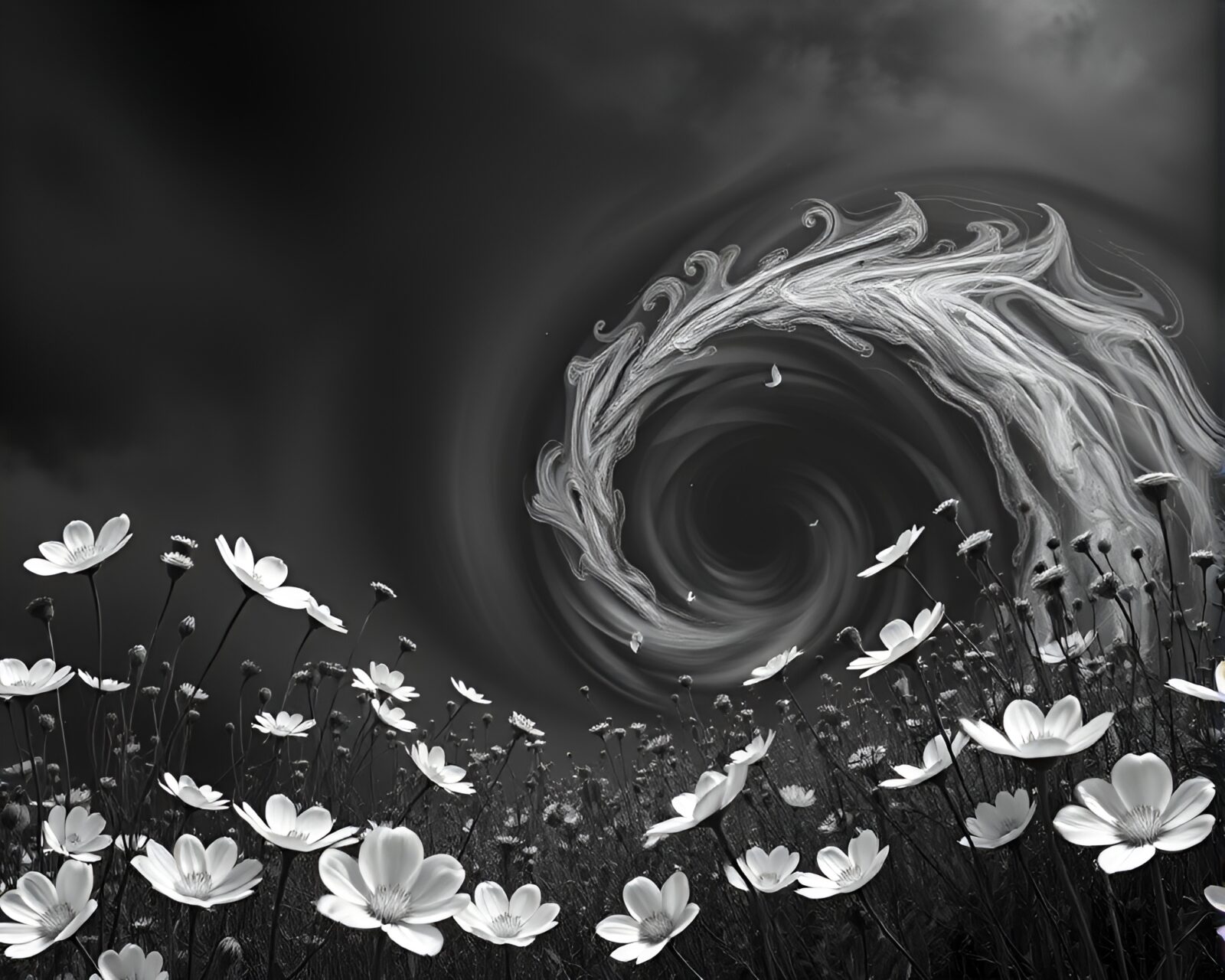 Surreal swirling vortex engulfing a flowering meadow in gray tones
